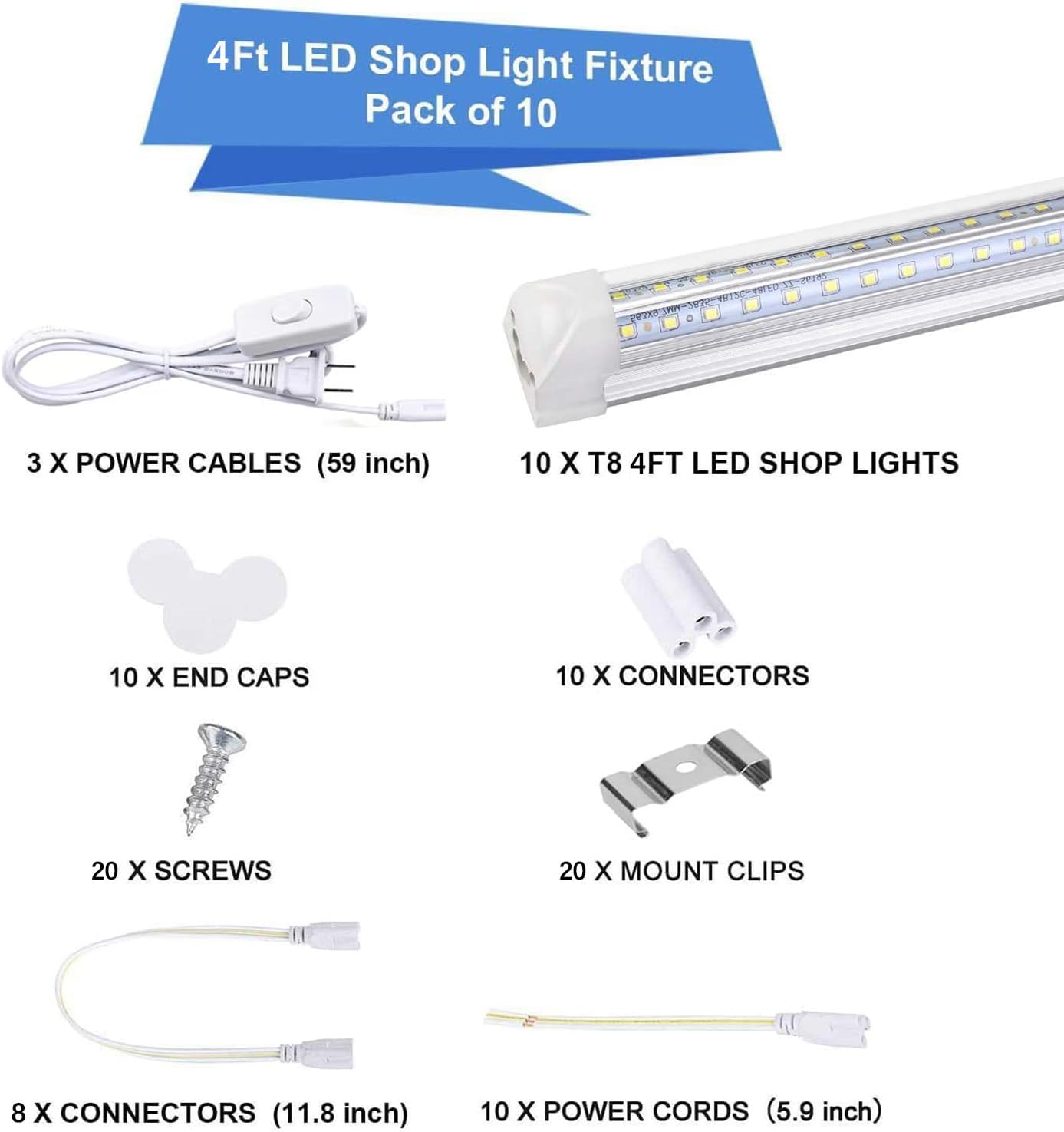 Thumbnail 3 de Henwsi 4FT LED Shop Lights, 50W, 8,000 Lumens, 6500K, Linkable, 10-Pack