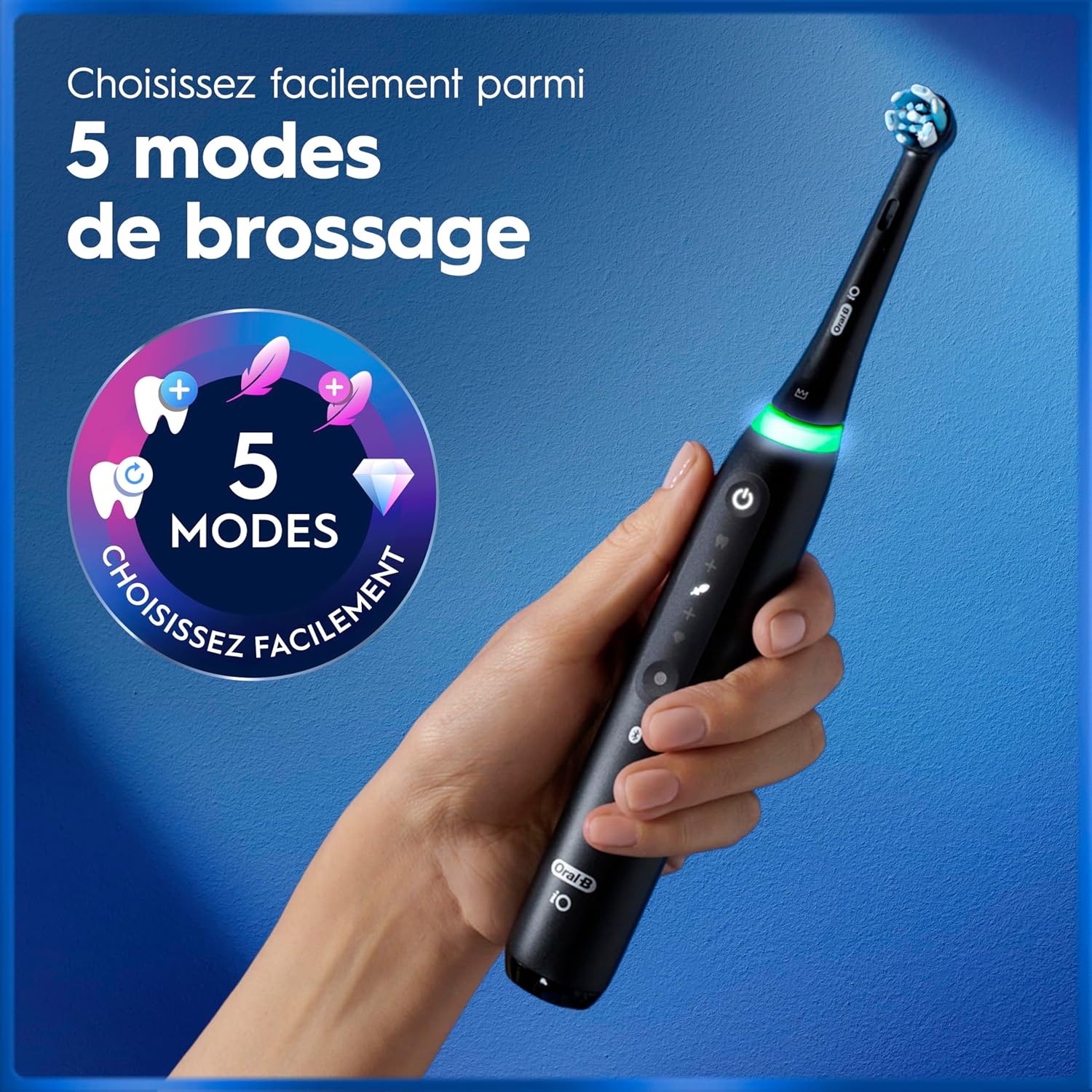 Detalle 2 de Oral-B iO 5 noire : brosse à dents électrique iO 5 avec 5 modes, capteur de pression et étui de voyage