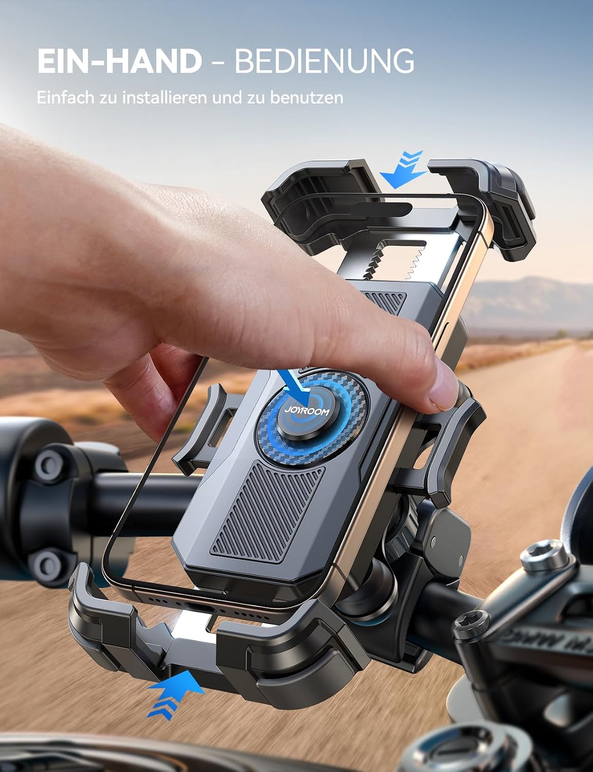 Detalle de JOYROOM Handyhalterung Motorrad & Fahrrad mit doppelter Vibrationsdämpfung und Vollmetall-Lenkerklemme (für Smartphones 4,7–7")