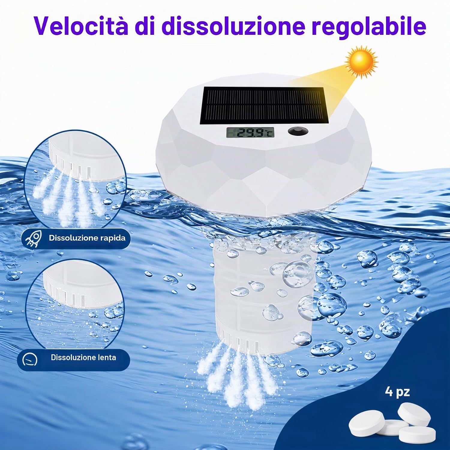 Detalle de Termometro Digitale Solare per Piscina – Galleggiante con Display, 8 Effetti Luminosi e Dosatore di Cloro, IP68