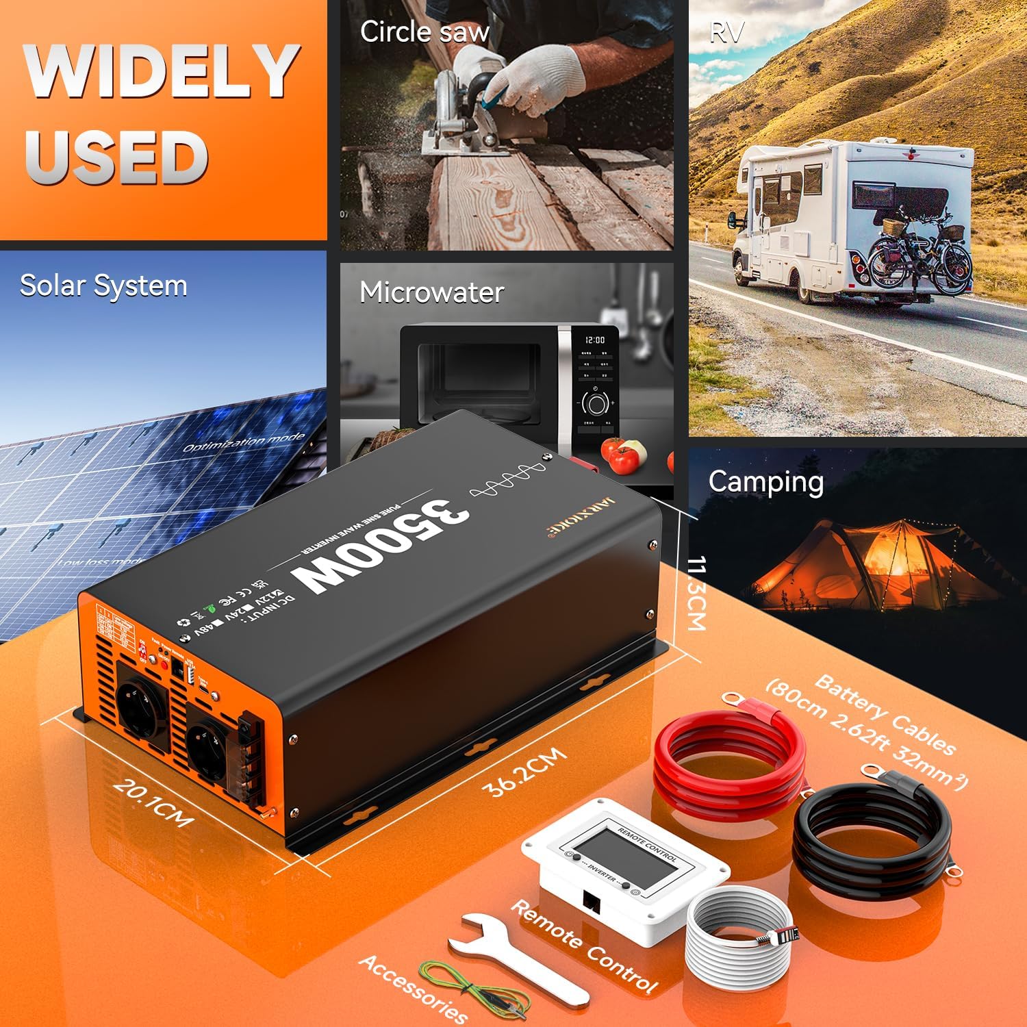 Thumbnail 6 de 3500W Wechselrichter 12V auf 230V Reiner Sinus mit Fernbedienung, LCD, 2× EU-Steckdose, USB und Type-C
