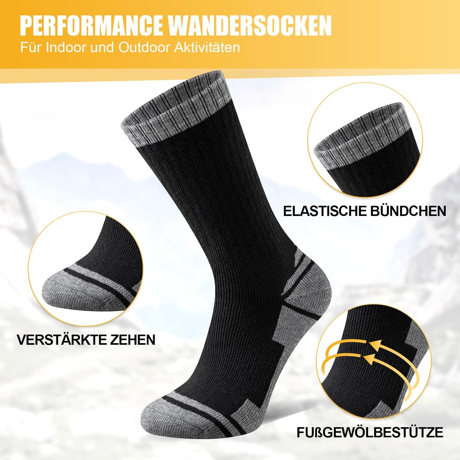 Detalle de Stoeury Merino Socken Herren Damen – Dicke Wandersocken mit gepolsterter Anti-Blasen-Wollsocke, 3 Paar