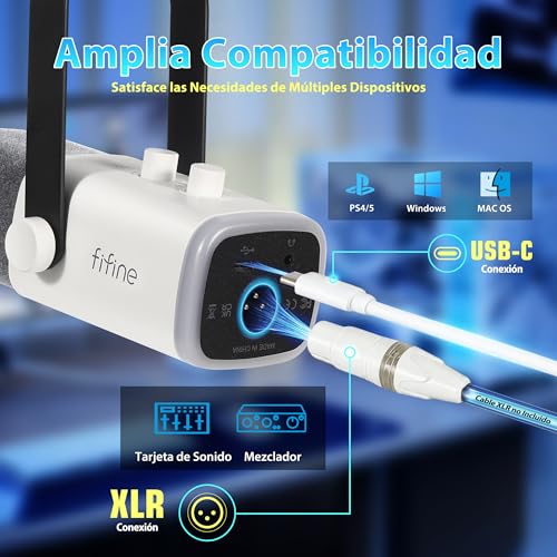 Detalle de FIFINE XLR Streaming: Micrófono dinámico para podcast y streaming, USB/XLR, RGB, Blanco