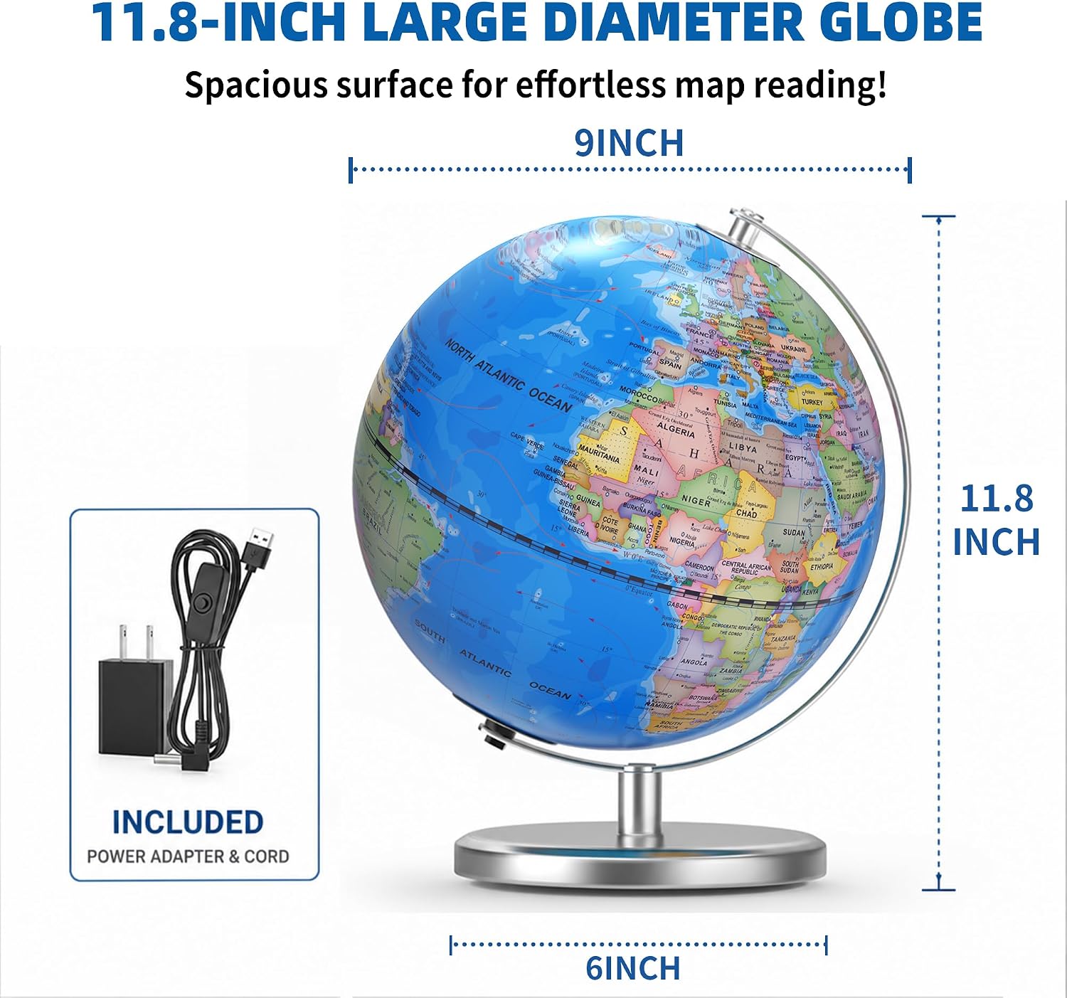 Thumbnail 3 de Waldauge Illuminated World Globe with Stand – 9" HD Map, Stable Metal Base, and LED Night Light