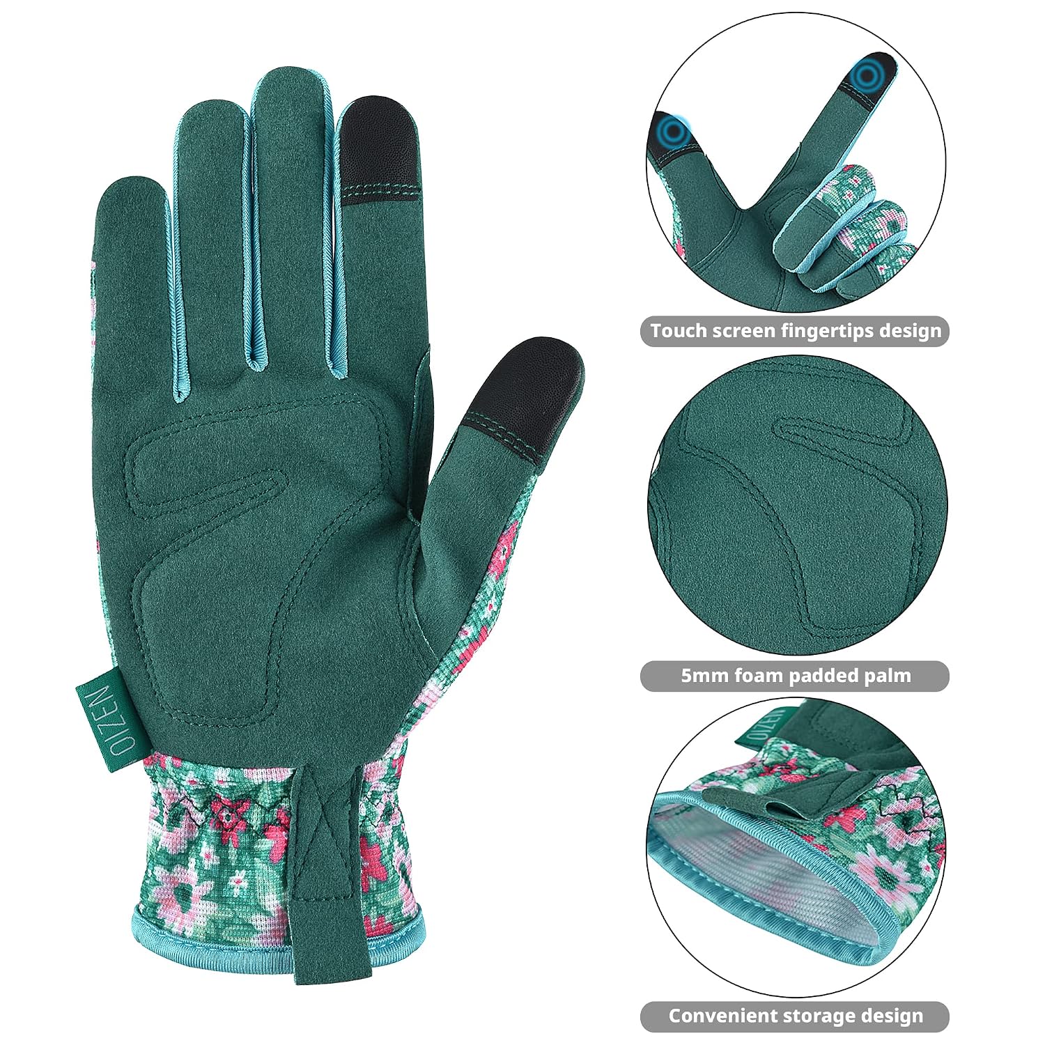 Detalle de OIZEN Gardening Gloves for Women and Men (Green Flowers) – Thorn Proof, Touch Screen Friendly, Size M