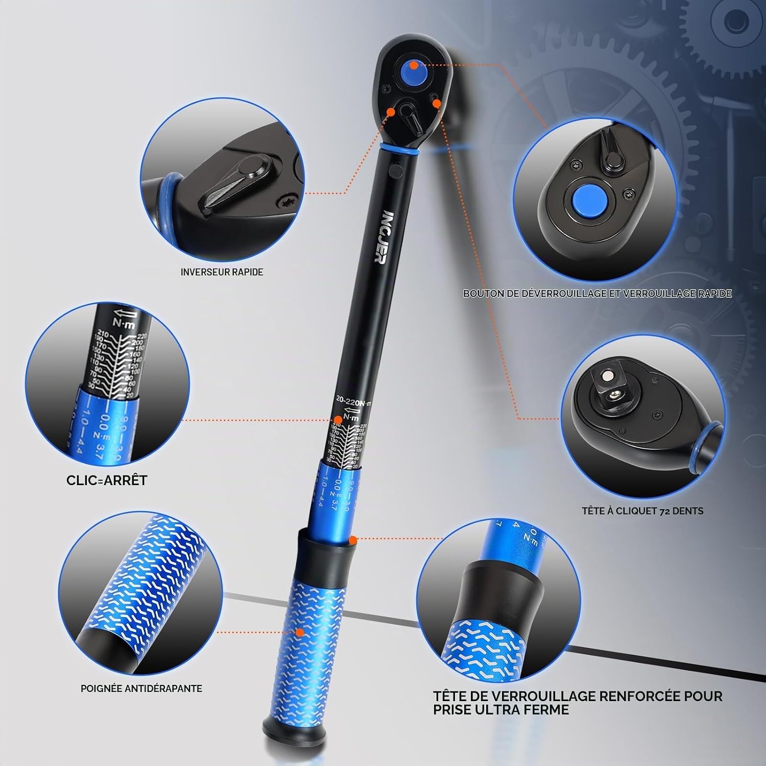 Detalle de INGJER IJ12NEW2201D momentsleutel 1/2 inch, 20-220 Nm, 6-delige set