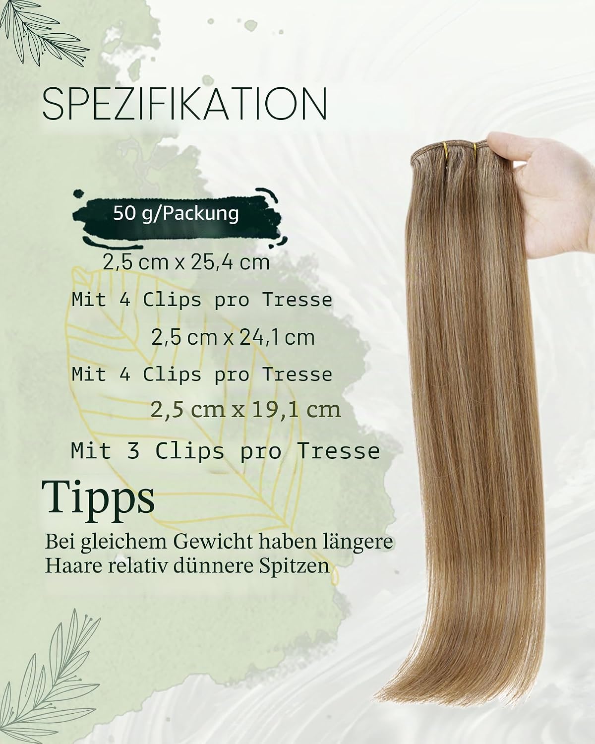 Detalle de RUNATURE Clip-in Extensions Echthaar Braun Highlight Blond 45 cm – 3 Stück 50 g
