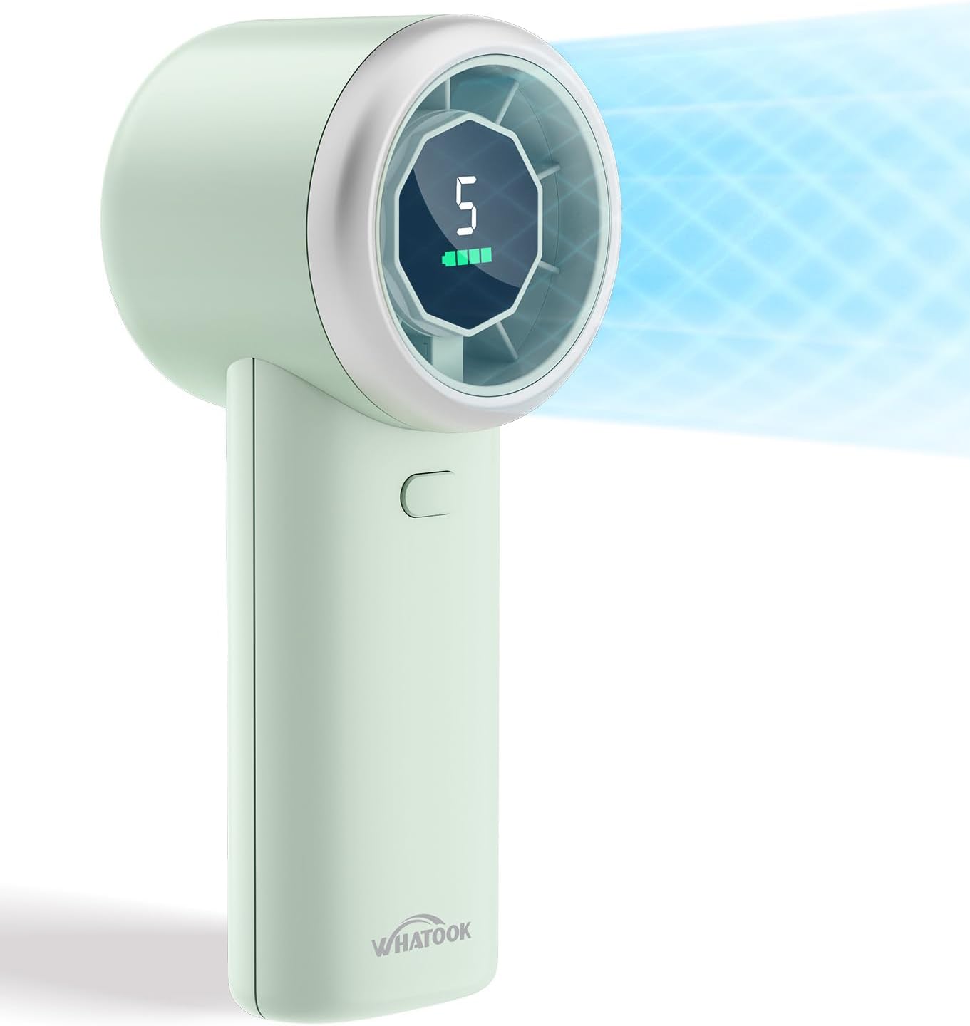 Detalle de WHATOOK Portable Handheld Turbo Fan — 5 Speeds, 4000mAh Battery, Mint Green