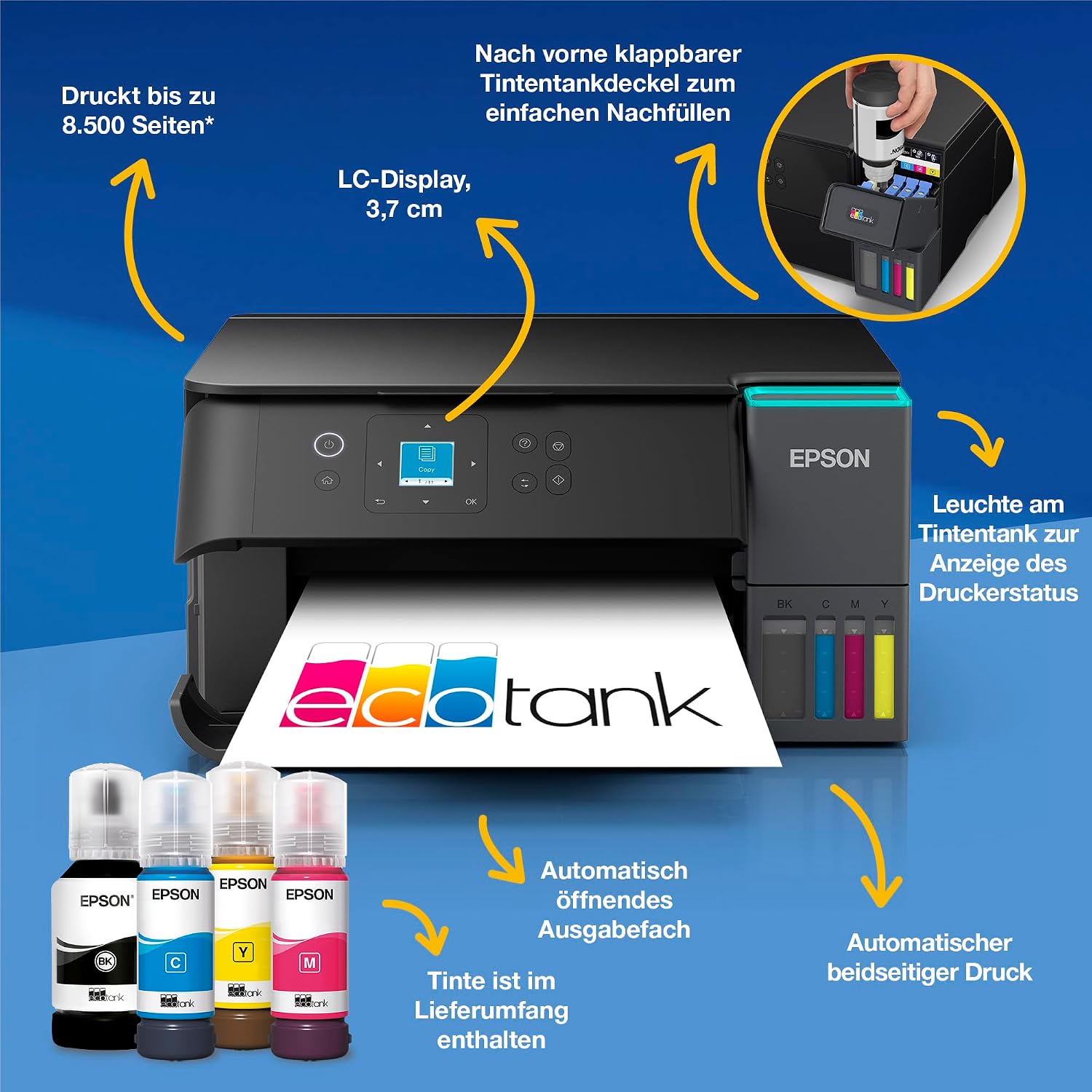 Detalle de Epson EcoTank ET-2955 Tintentankdrucker – WLAN, Duplex, A4, inklusive Tinte für bis zu 3 Jahre