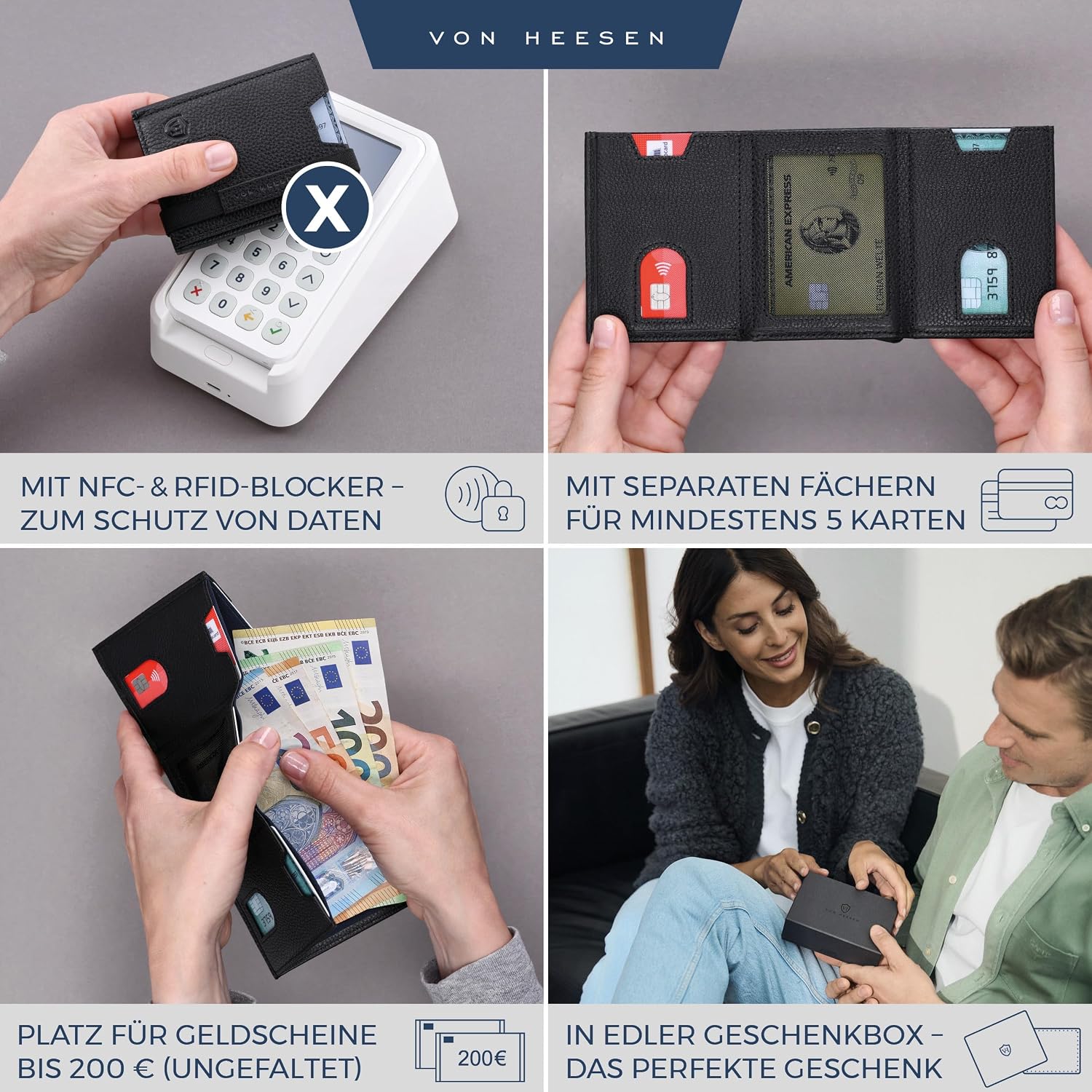 Detalle 2 de VON HEESEN Slim Wallet mit Münzfach & RFID-Schutz aus Nappaleder – schwarze Mini-Geldbörse