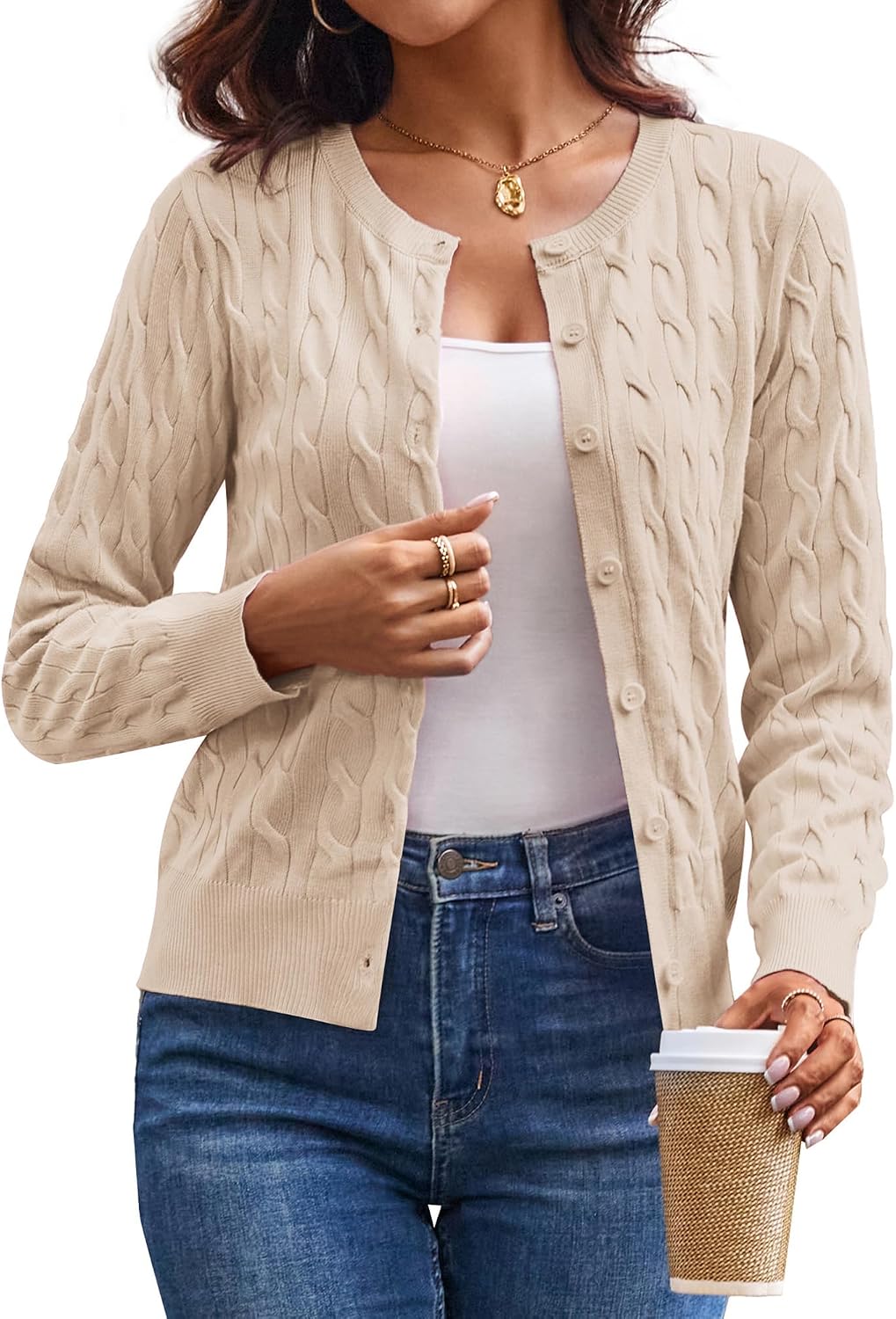 Detalle de GRACE KARIN Cable Knit Cardigan Sweater for Women, Cropped Crewneck