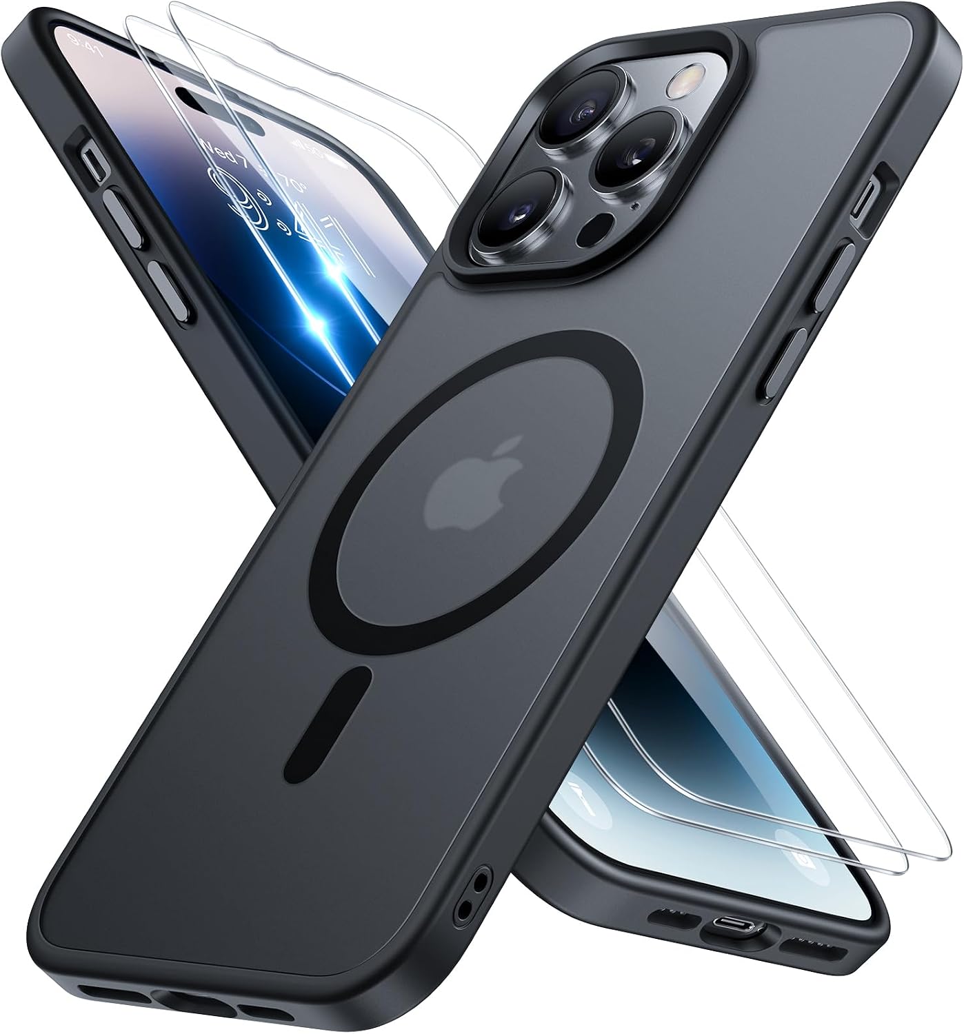 Detalle de Miracase Hülle für iPhone 14 Pro (6,1 Zoll) mit MagSafe, 2 Panzer Glas – Militärschutz & Magnetkraft, matt-schwarz