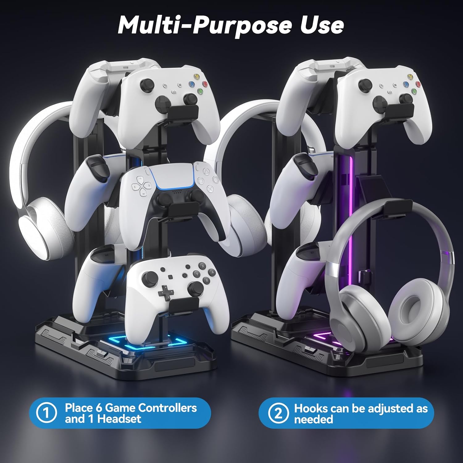 Detalle de KDD Multi Gaming Headset Halterung mit 9 Lichtmodi – Drehbarer Kopfhörer- und Controller-Ständer für Schreibtisch