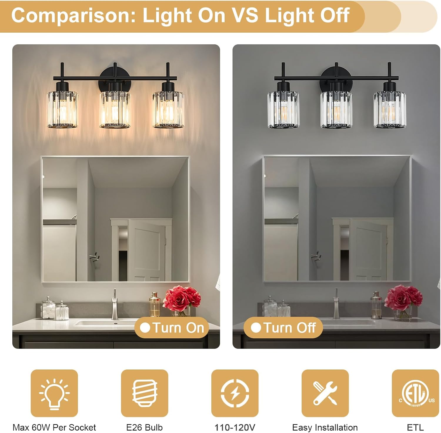 Thumbnail 1 de Dvnctz DC20260410AA 3-Light Crystal Vanity Light, Black Round Fixture