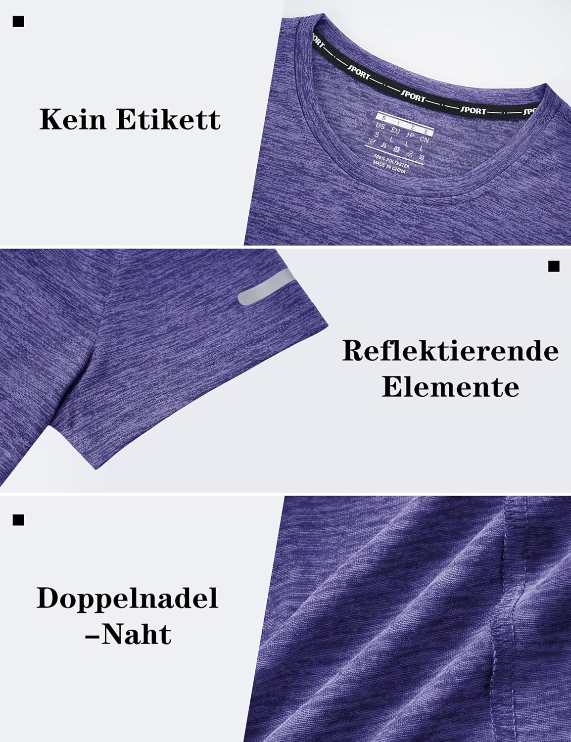 Detalle 1 de KEFITEVD Melange Sportshirt Damen Kurzarm mit Reflexstreifen – atmungsaktives Stretch-Funktionsshirt (Regular Fit)