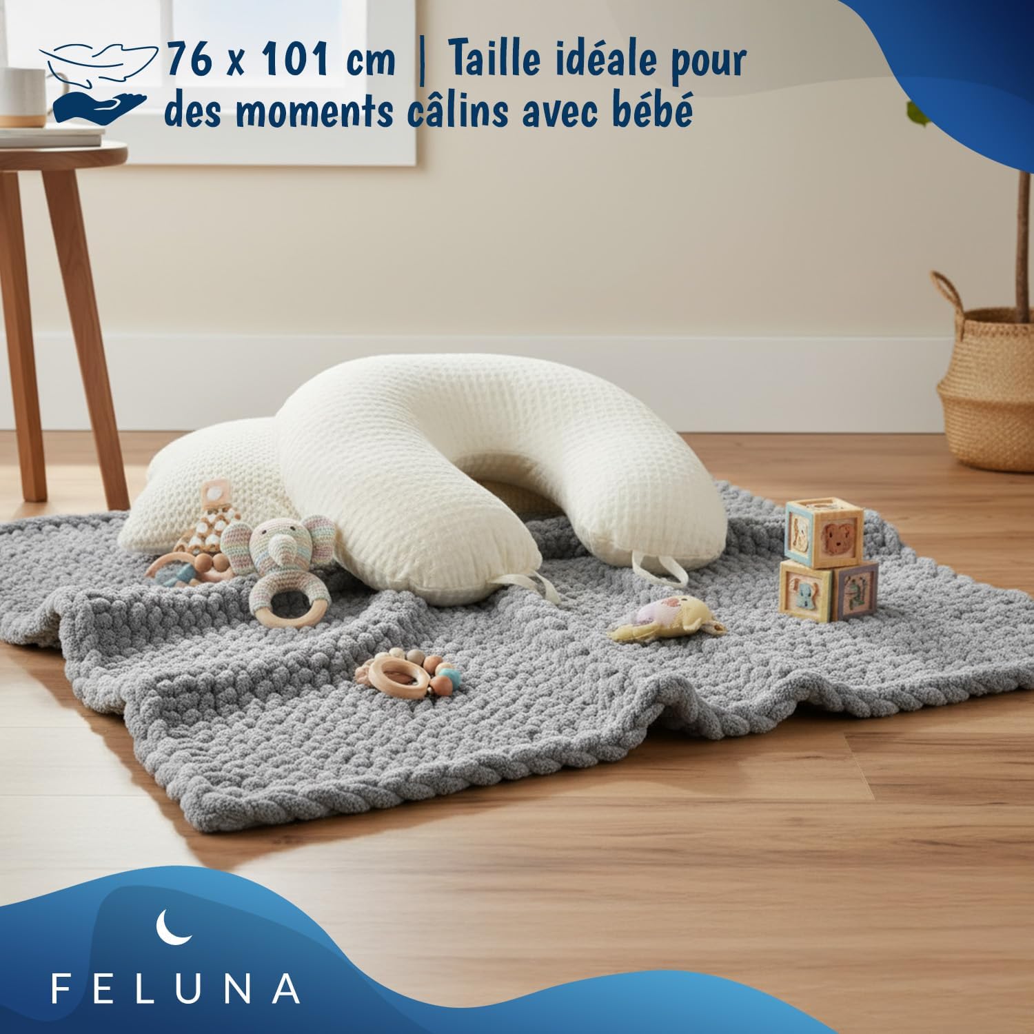 Detalle 2 de Feluna 47136520489 grof gebreide knuffeldeken, lichtgrijs, 76 x 101 cm