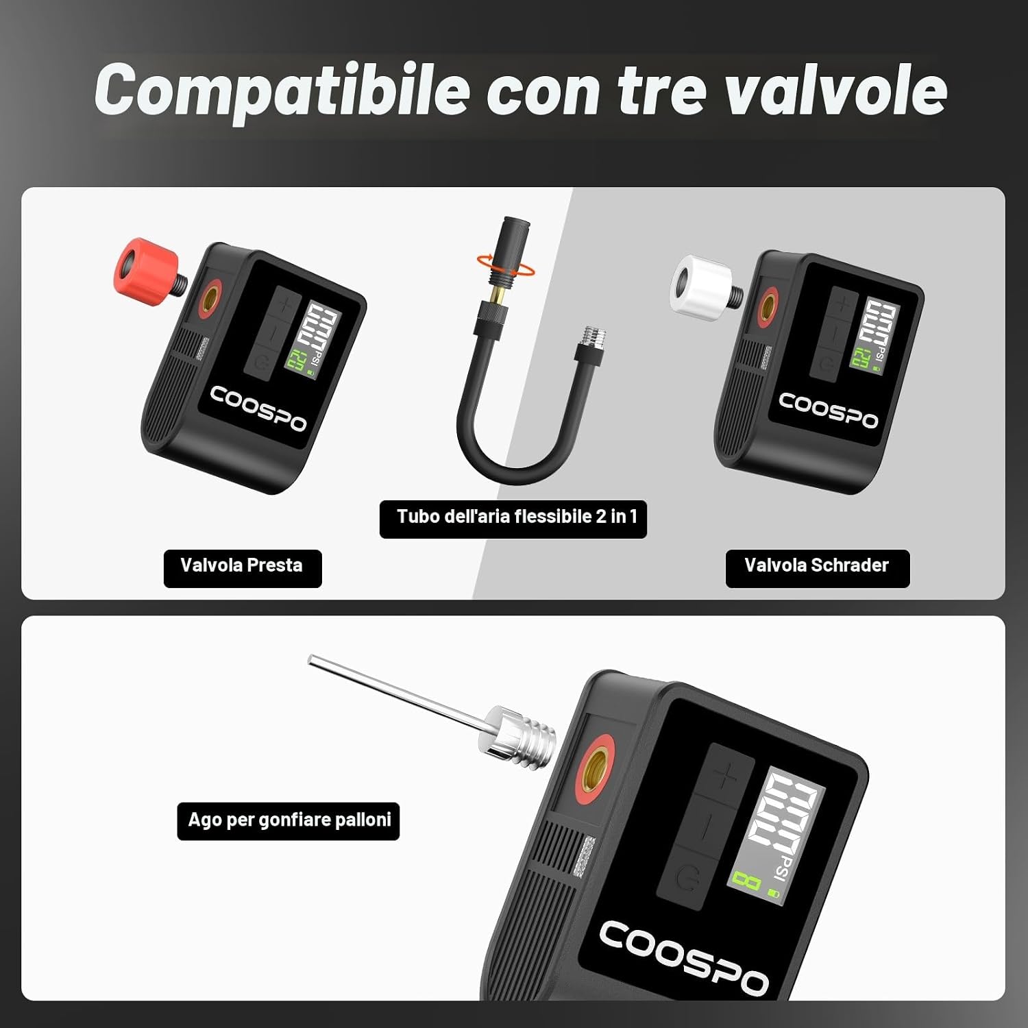 Detalle 2 de CooSpo Mini Pompa Elettrica per Bicicletta — 120 PSI, Portatile con spegnimento automatico e valvole Presta/Schrader