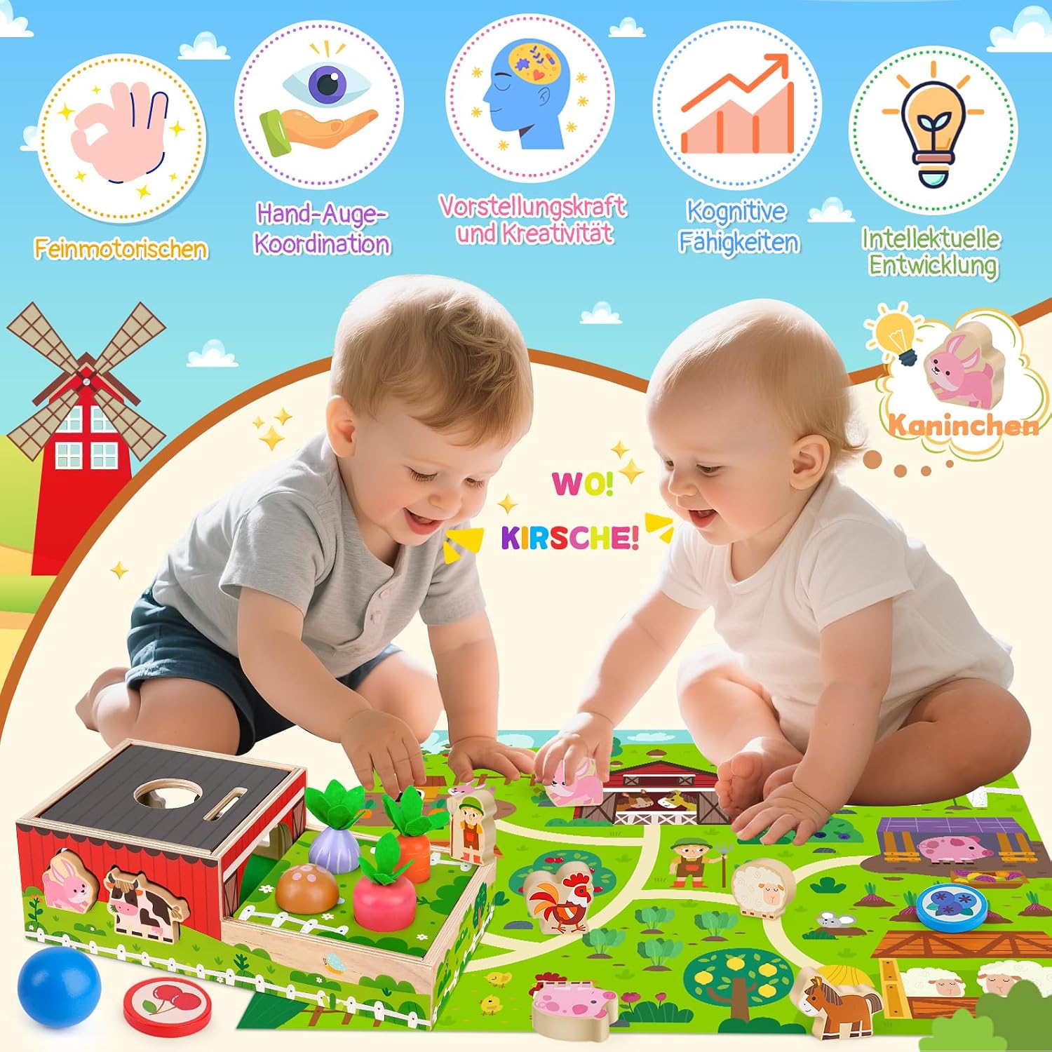 Detalle 2 de Montessori Holzspielzeug ab 1 Jahr – 5-in-1 Bauernhof Spielset aus Holz
