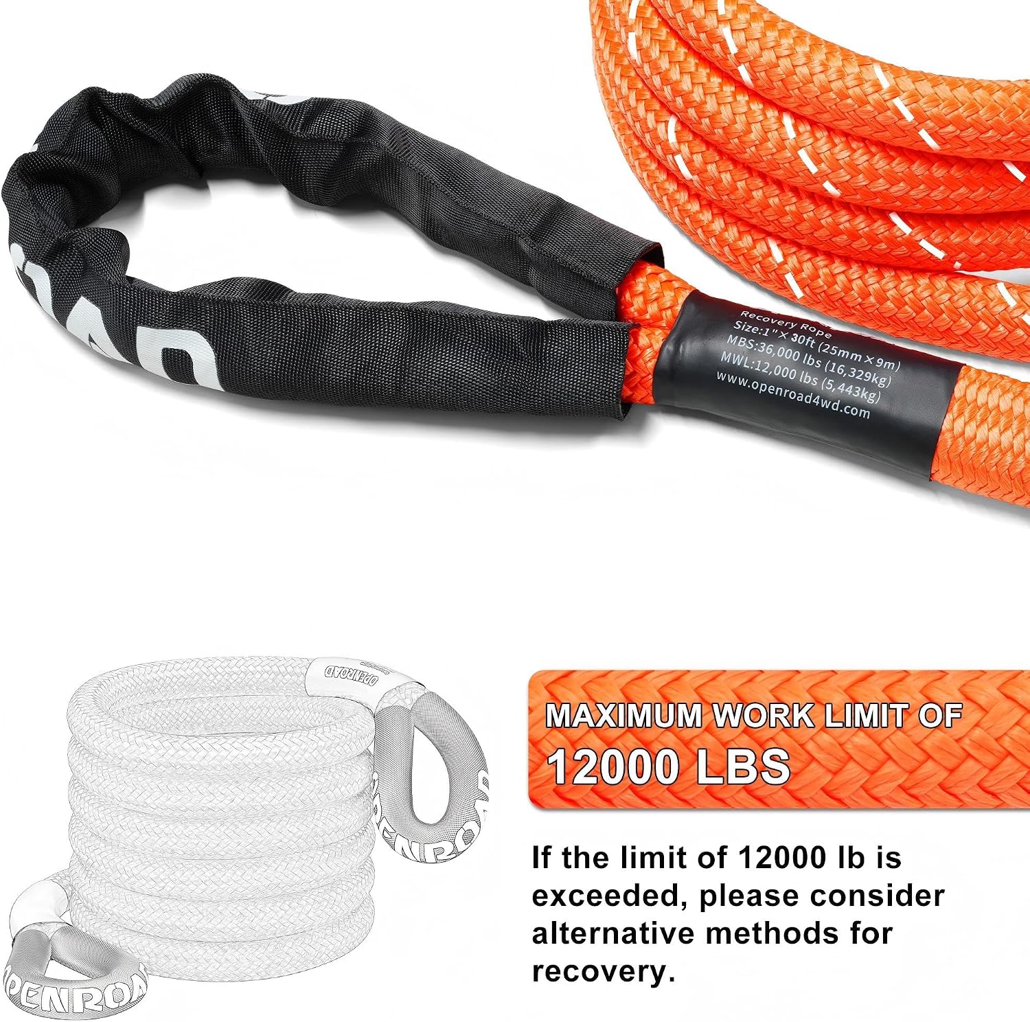 Thumbnail 4 de OPENROAD Kinetic Recovery Tow Rope, 36000 Lbs, 1in x 30ft with Soft Shackle
