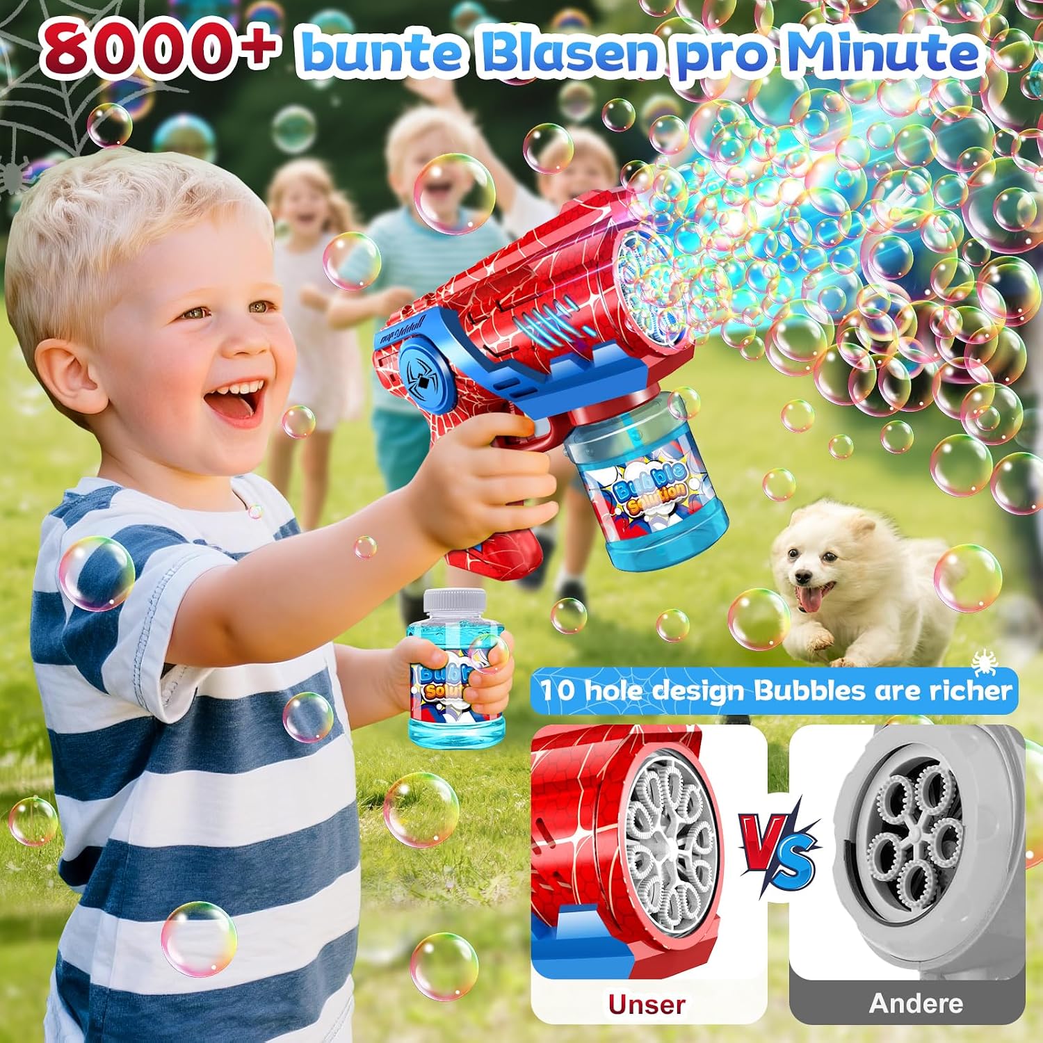 Detalle de Seifenblasenmaschine Kinder Automatische Seifenblasen Pistole mit LED-Licht (110 ml) – Blau/Rot