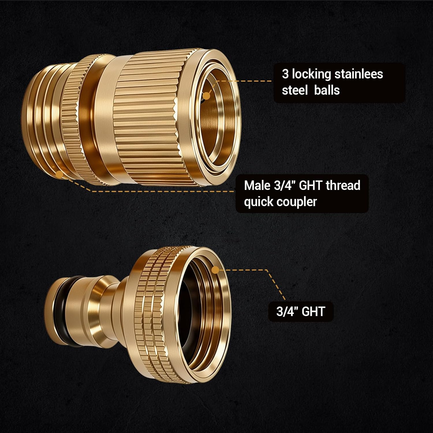 Detalle de HQMPC Garden Hose Quick Connect System — Solid Brass 3/4 inch GHT (2 Sets)