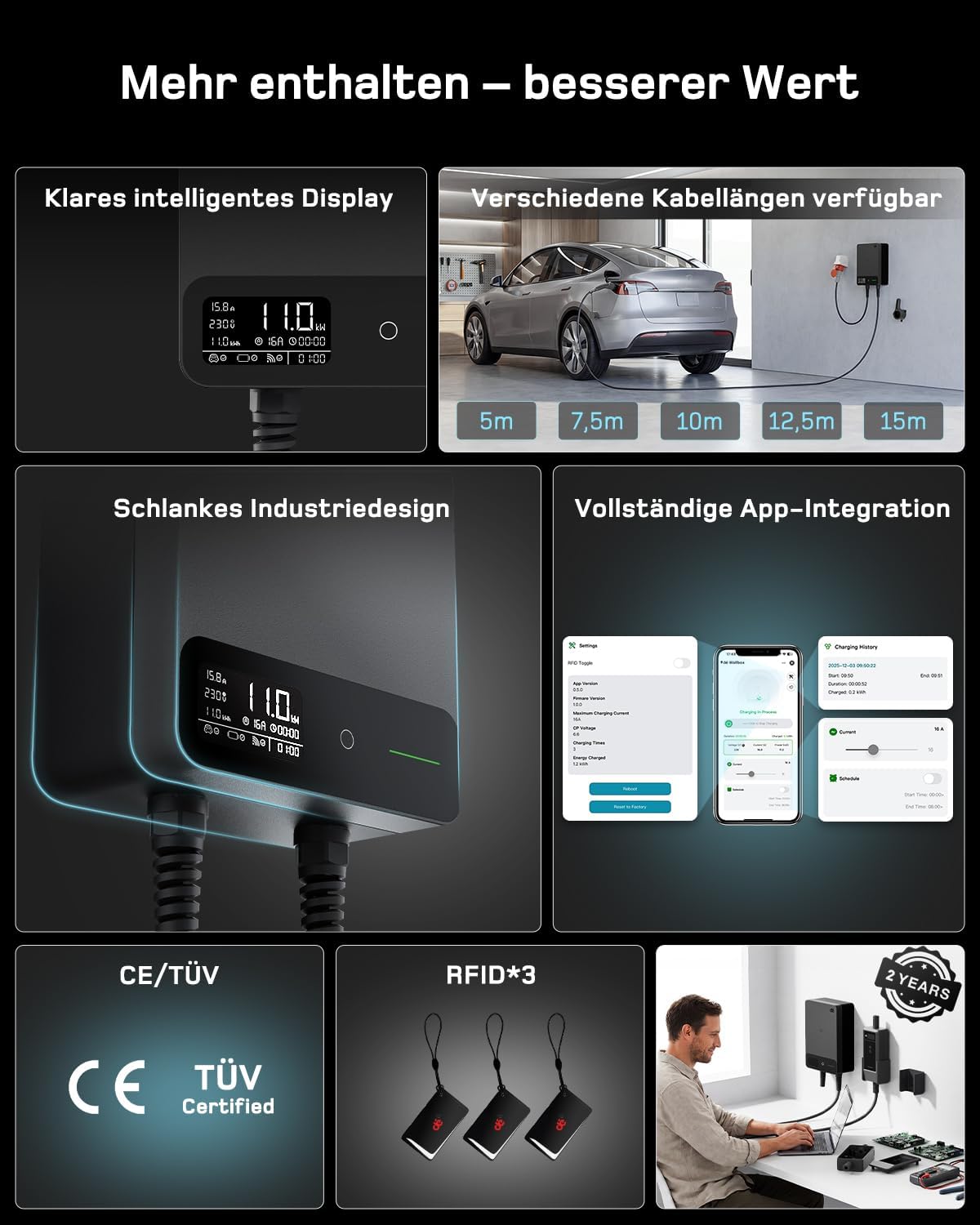 Detalle de dé Wallbox 11kW mit APP – 12,5 m Typ 2 Kabel, 3-Phasen EV-Ladegerät, IP54, RCD Typ A 30mA/6mA