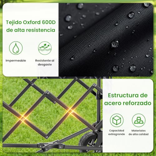 Detalle de Carrito de Camping Plegable 135 L de RYGEO: 150 kg, ruedas 360°, asa telescópica