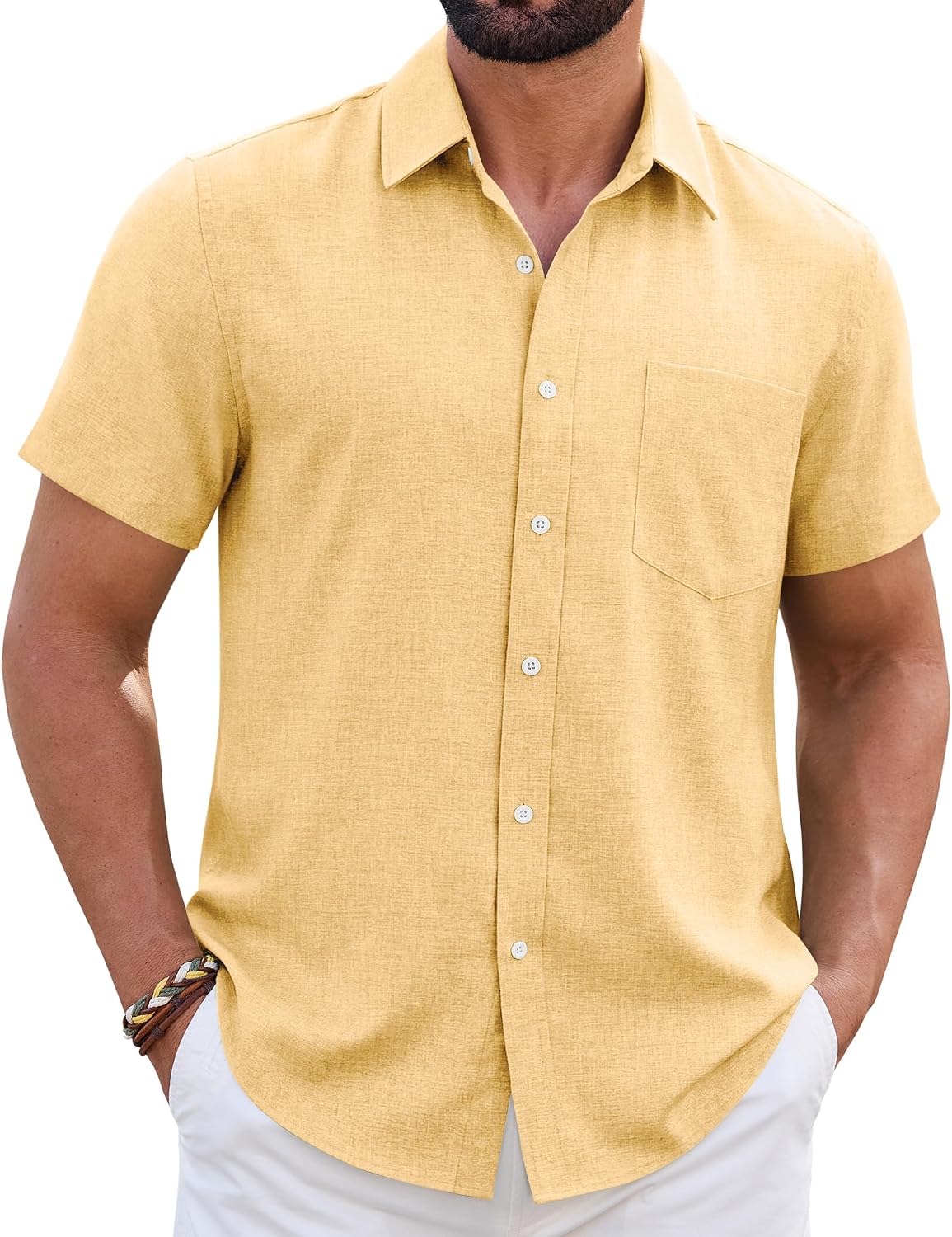 Detalle de ROUWELL Men's Linen-Blend Button-Down Shirt, Short Sleeve, Relaxed Untucked Fit