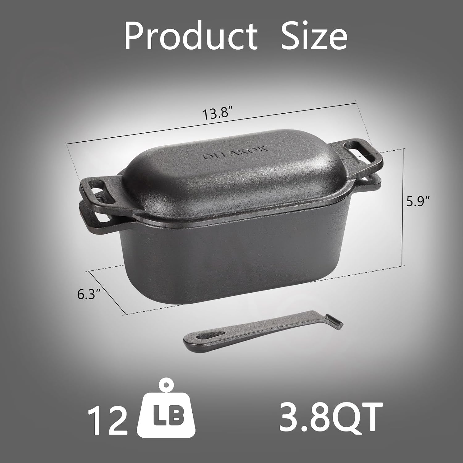 Detalle 2 de OLLAKOK 2-in-1 Cast Iron Dutch Oven 3.8 QT ⌛