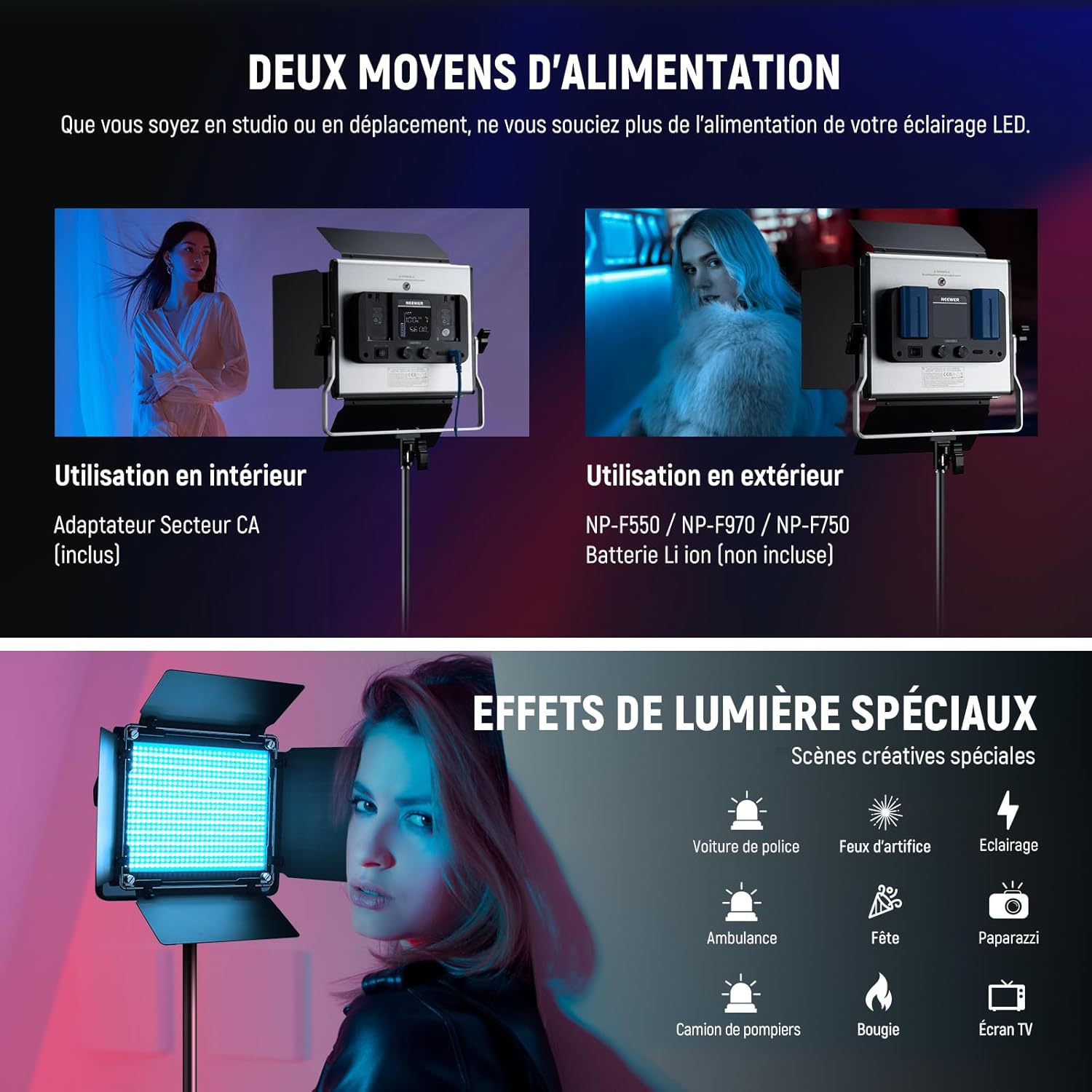 Thumbnail 6 de NEEWER 660 Pro II RGB : pack de 2 lampes vidéo LED 50 W avec contrôle via app et trépieds