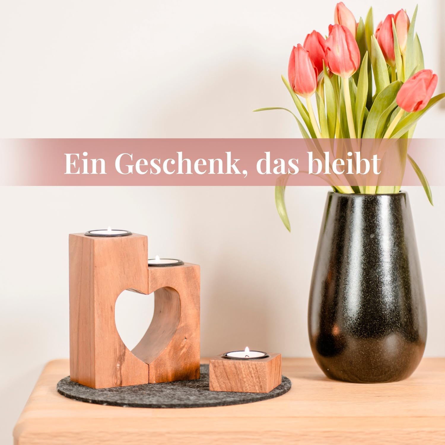 Thumbnail 4 de Muttertagsgeschenk: Teelichthalter Herz aus Akazienholz (3-teilig, 15 cm) von Plogis