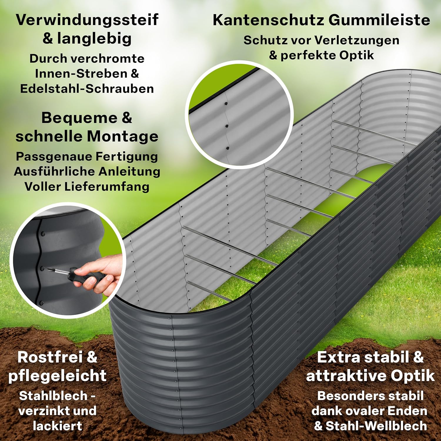 Detalle de TTL GARDEN Elegance XL Metall-Hochbeet 320x80x80 cm in Anthrazit (ovale Wellblech-Form)