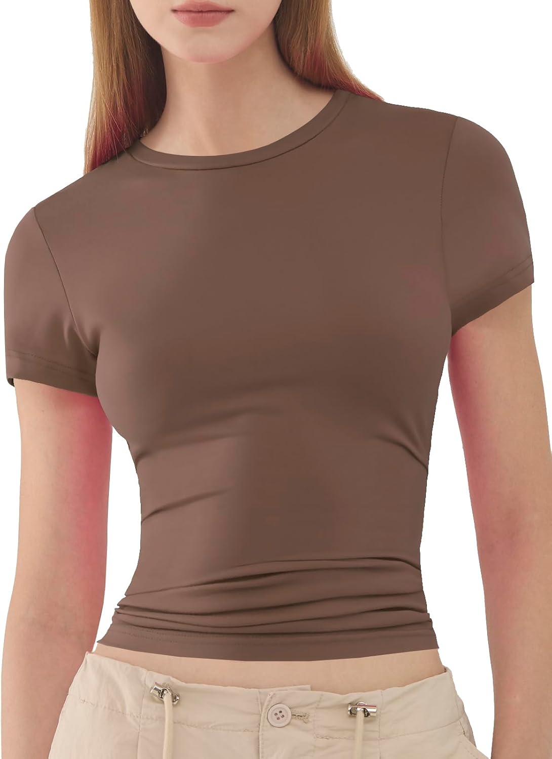 Thumbnail 6 de Kurzarm Damen T-Shirts Rundhals Sommer Basic Eng Y2K Tops – Einfarbig, XS–XXL