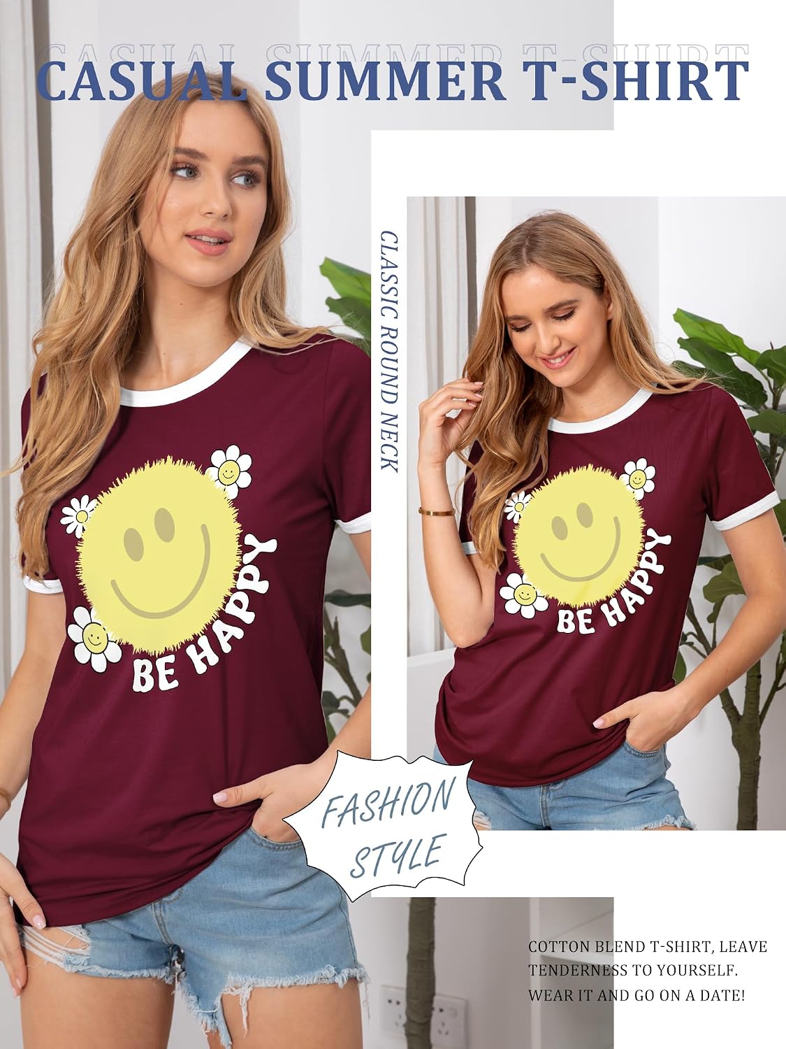 Thumbnail 2 de Dresswel Women's T-Shirt: Cute Smile Graphic Print Tee for Everyday Summer Wear