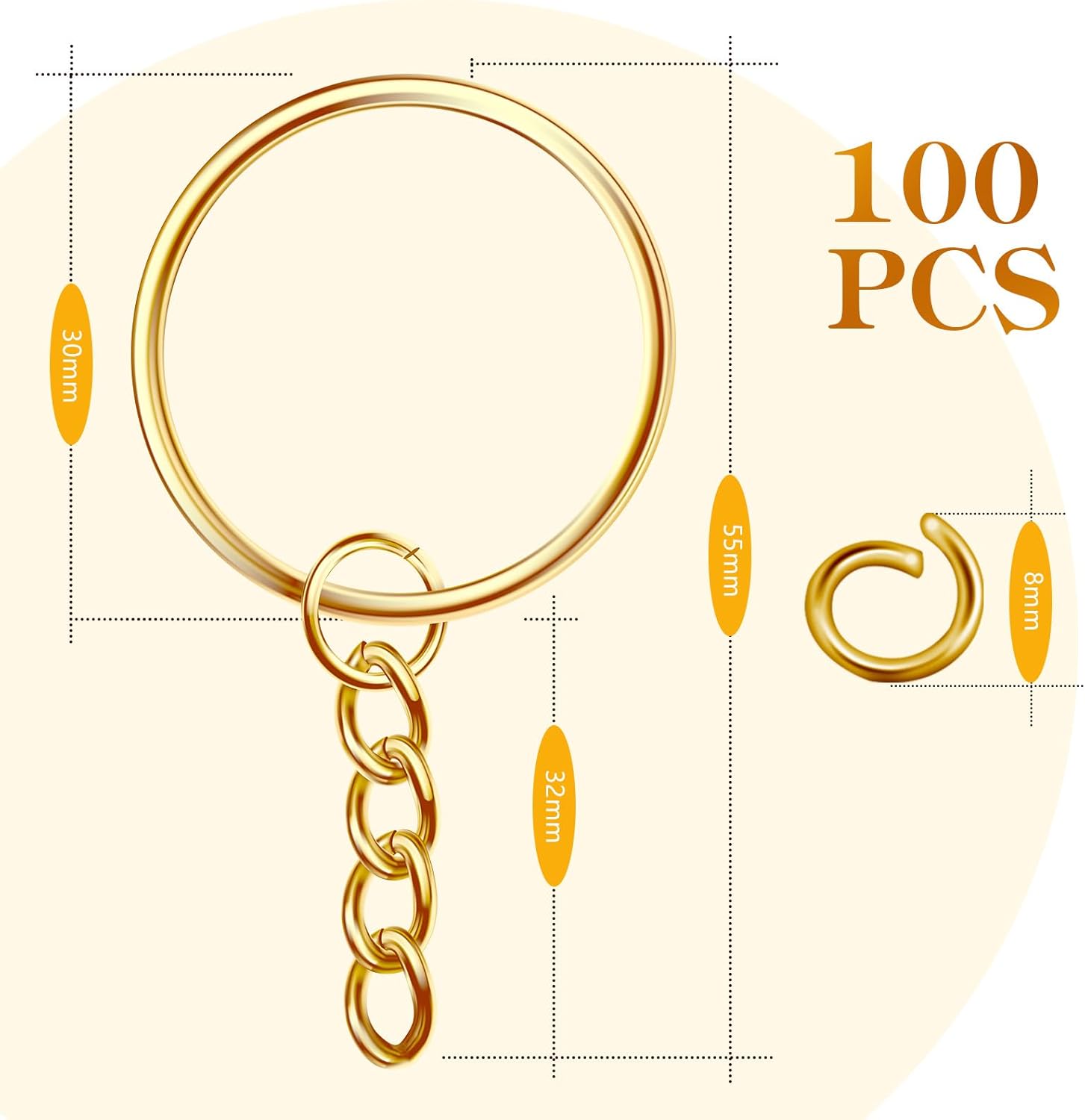 Detalle de AiQInu 100 Pezzi Anelli Portachiavi con Catena 25 mm – Dorato, con Anello Divisorio e Catenella da 23 mm
