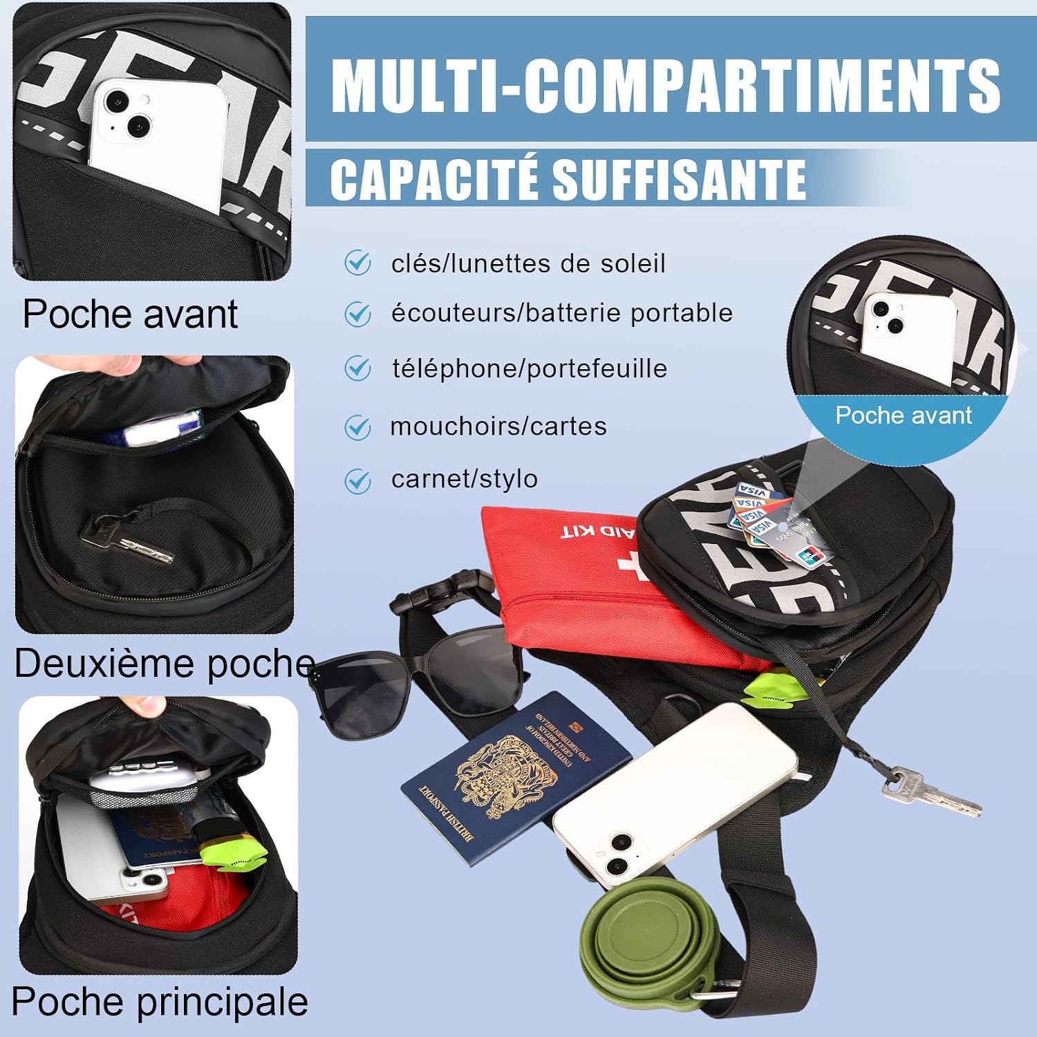Detalle de Eshow Sacoche de Jambe Moto Extensible – Bretture polyvalente et réfléchissante, avec 1 clip gourde et 2 mousquetons