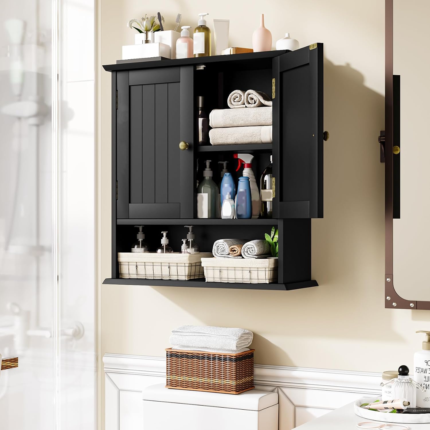 Thumbnail 3 de Mino Kesper Bathroom Wall Cabinet – Over Toilet Storage with 2 Doors and Open Shelf