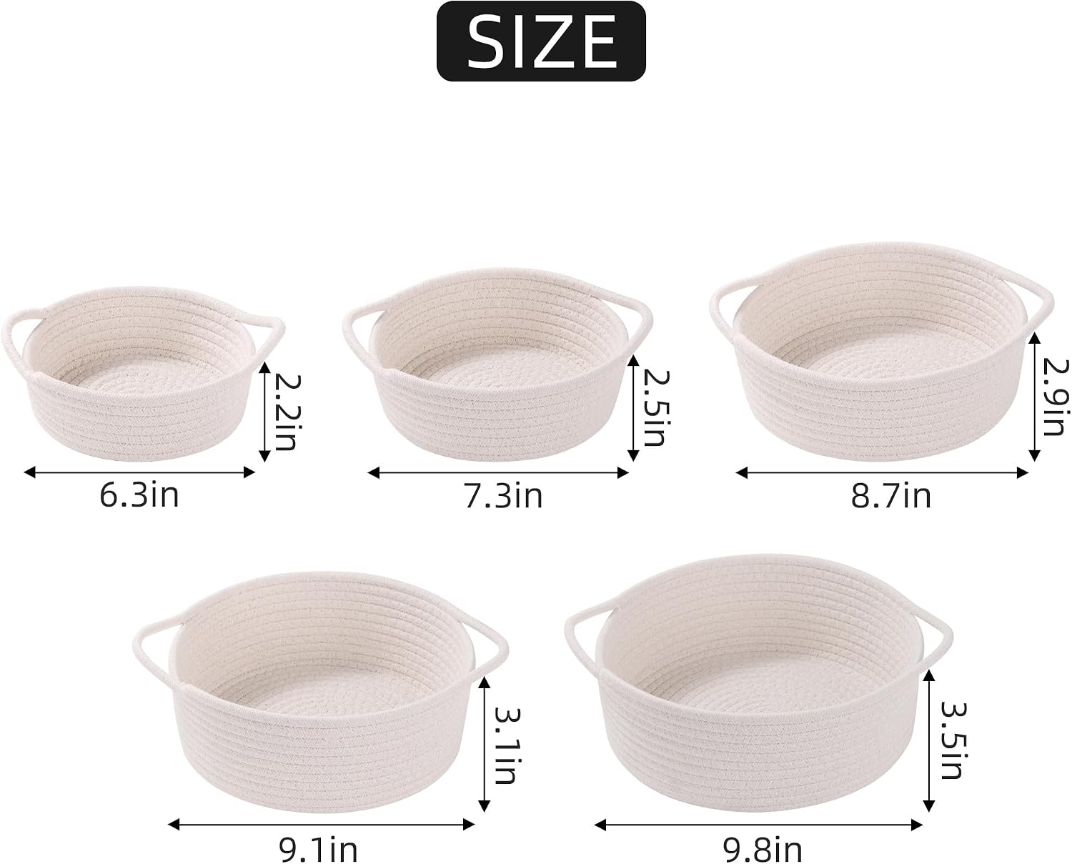 Detalle de YMhoart Set of 5 Cotton Rope Storage Baskets, White, with Handles