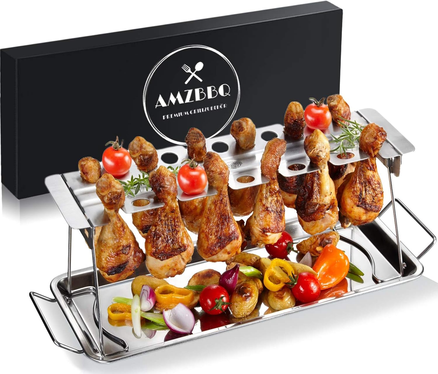 Detalle de AMZBBQ Supporto per cosce di pollo Premium — 12 pezzi, acciaio inox lavabile in lavastoviglie