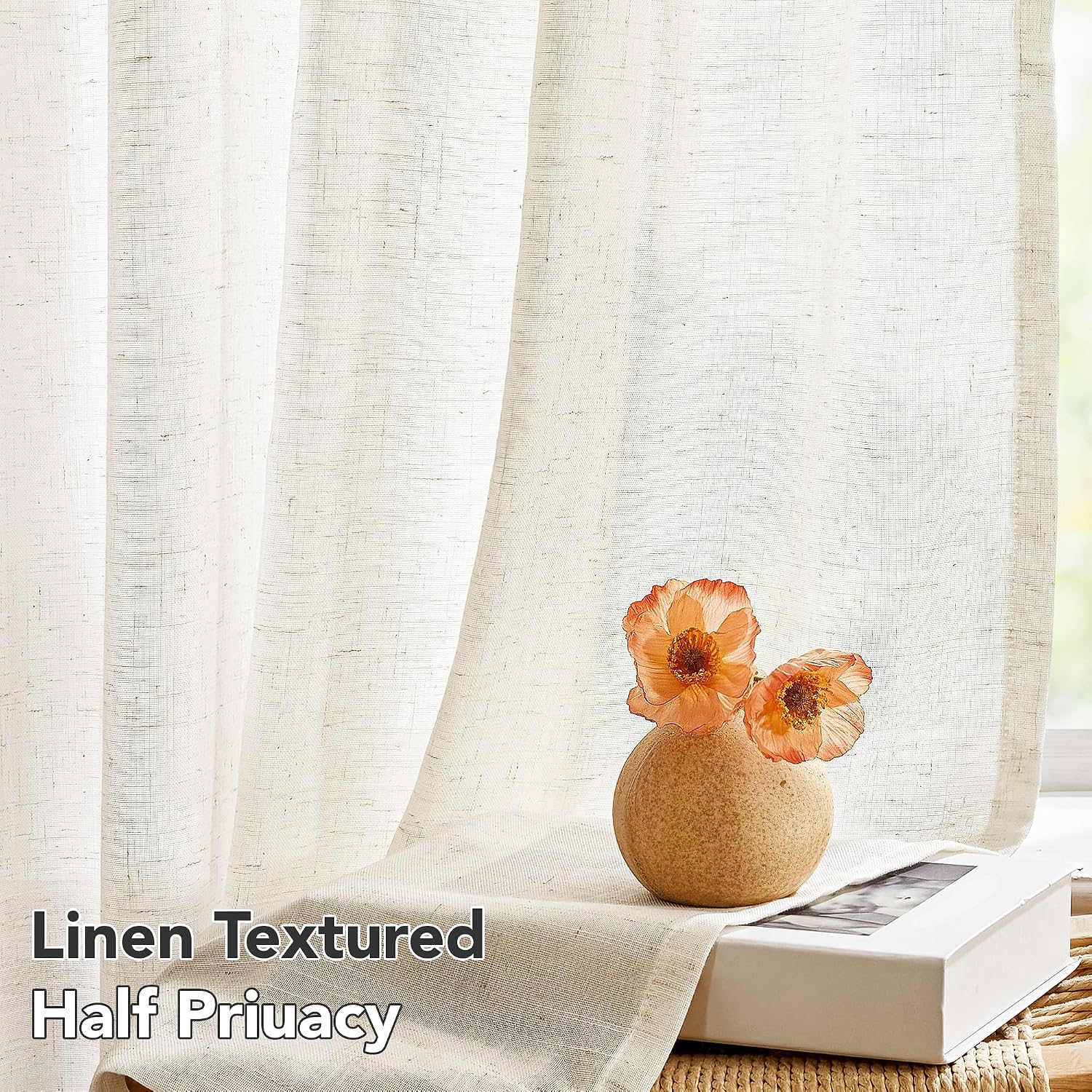 Detalle de Deconovo Rideau décoratif semi-transparent en lin – 280 × 245 cm (1 panneau)