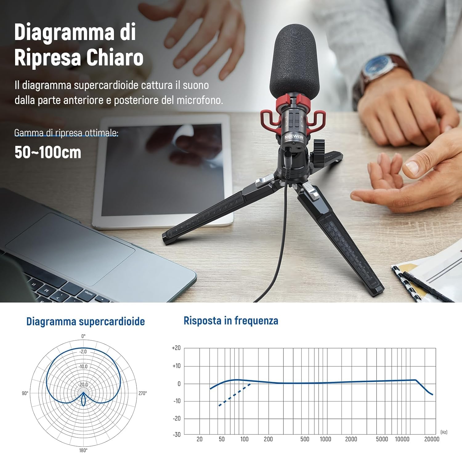 Detalle 2 de NEEWER VM11 microfono vlog plug e play supercardioide per fotocamere, iPhone, Android e PC