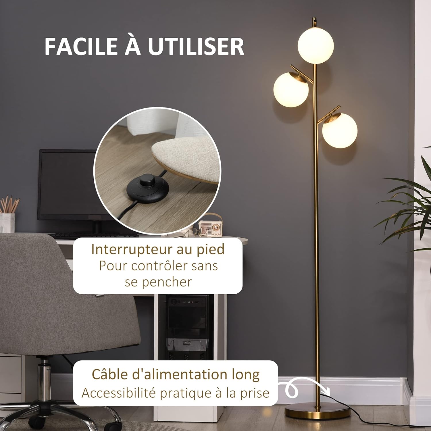 Thumbnail 3 de HOMCOM Lampadaire sur pied design art déco doré avec 3 globes en verre dépoli Ø 27 x 169 cm