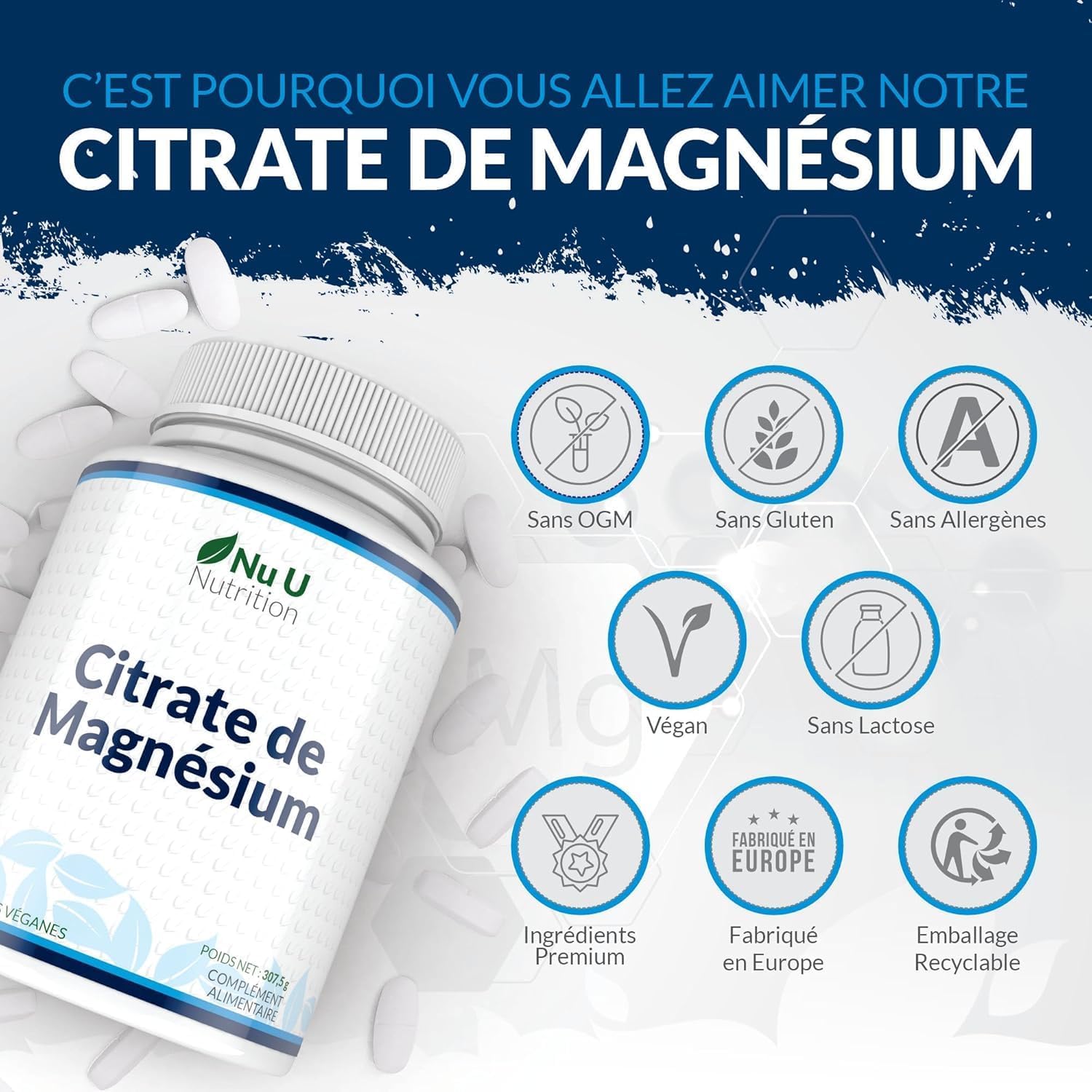 Thumbnail 6 de Citrate de magnésium 700 mg (200 mg de magnésium élémentaire) – 180 comprimés vegan – Nu U Nutrition