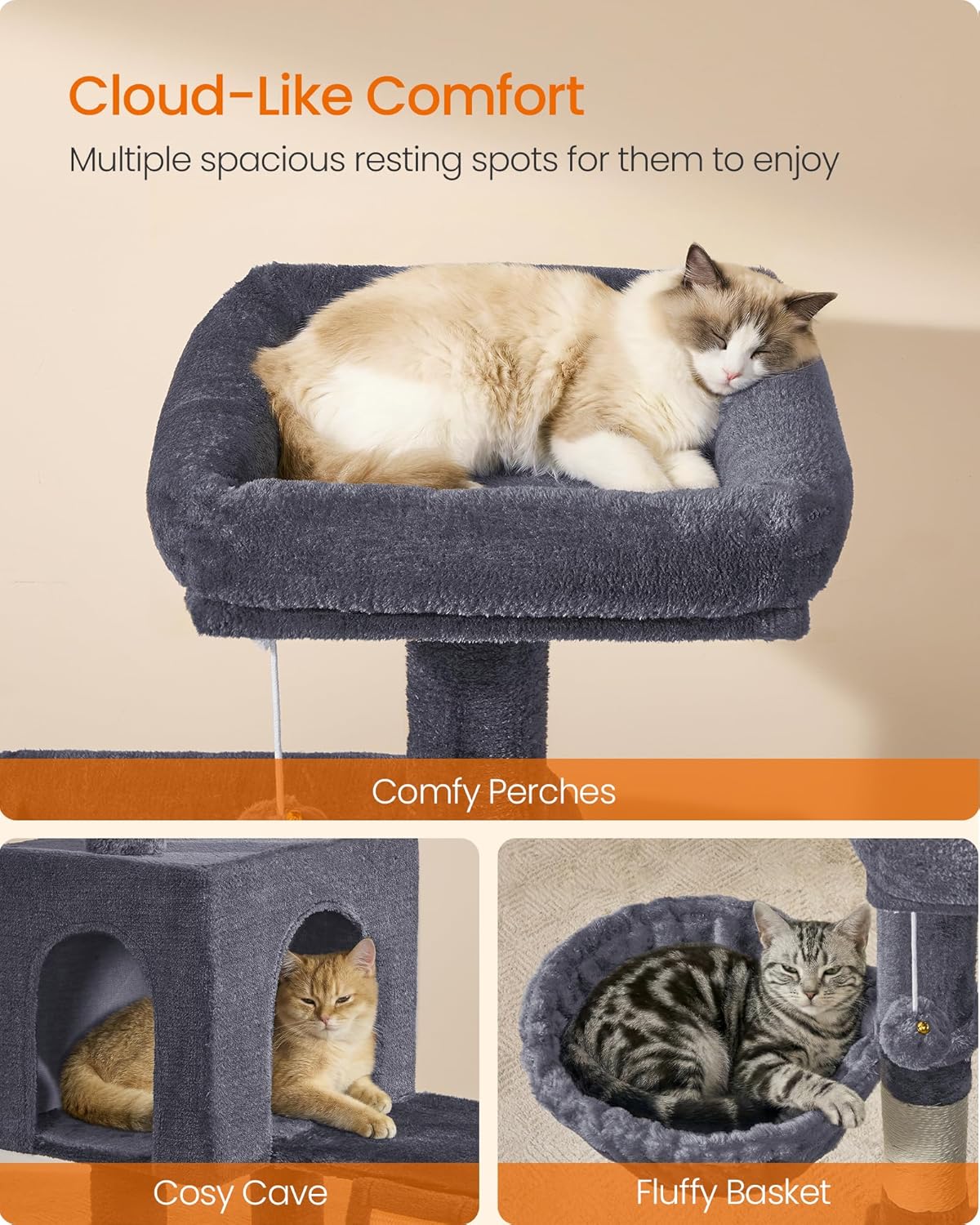 Detalle de Feandrea Cat Tree: 136 cm Tall Multi-Level Cond o with Scratching Posts, Cave and Beds