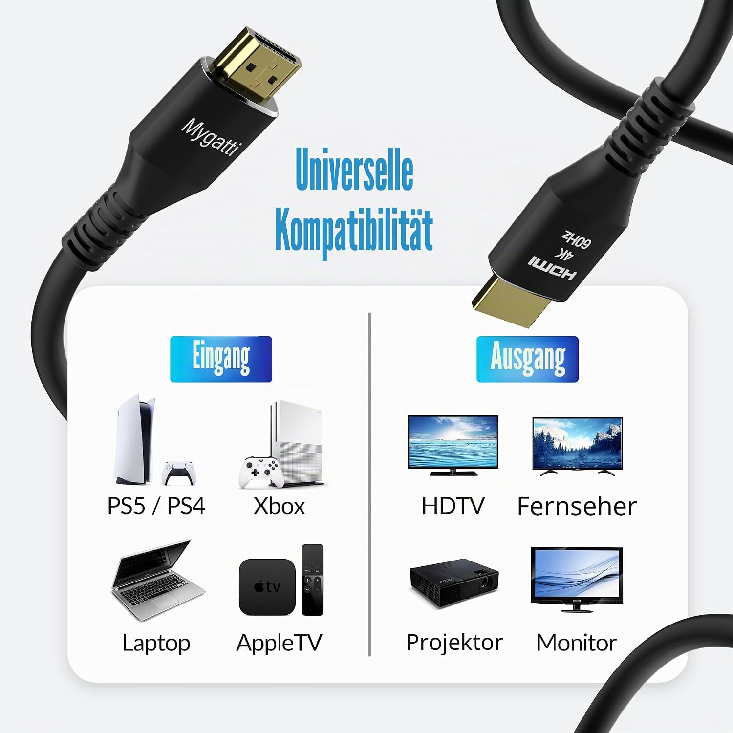 Detalle de Mygatti 4K Ultra HD HDMI 2.0 Kabel-Set (5 m, 5 Stück) mit rechtwinkligen Adaptern, vergoldeten Anschlüssen und Zubehör