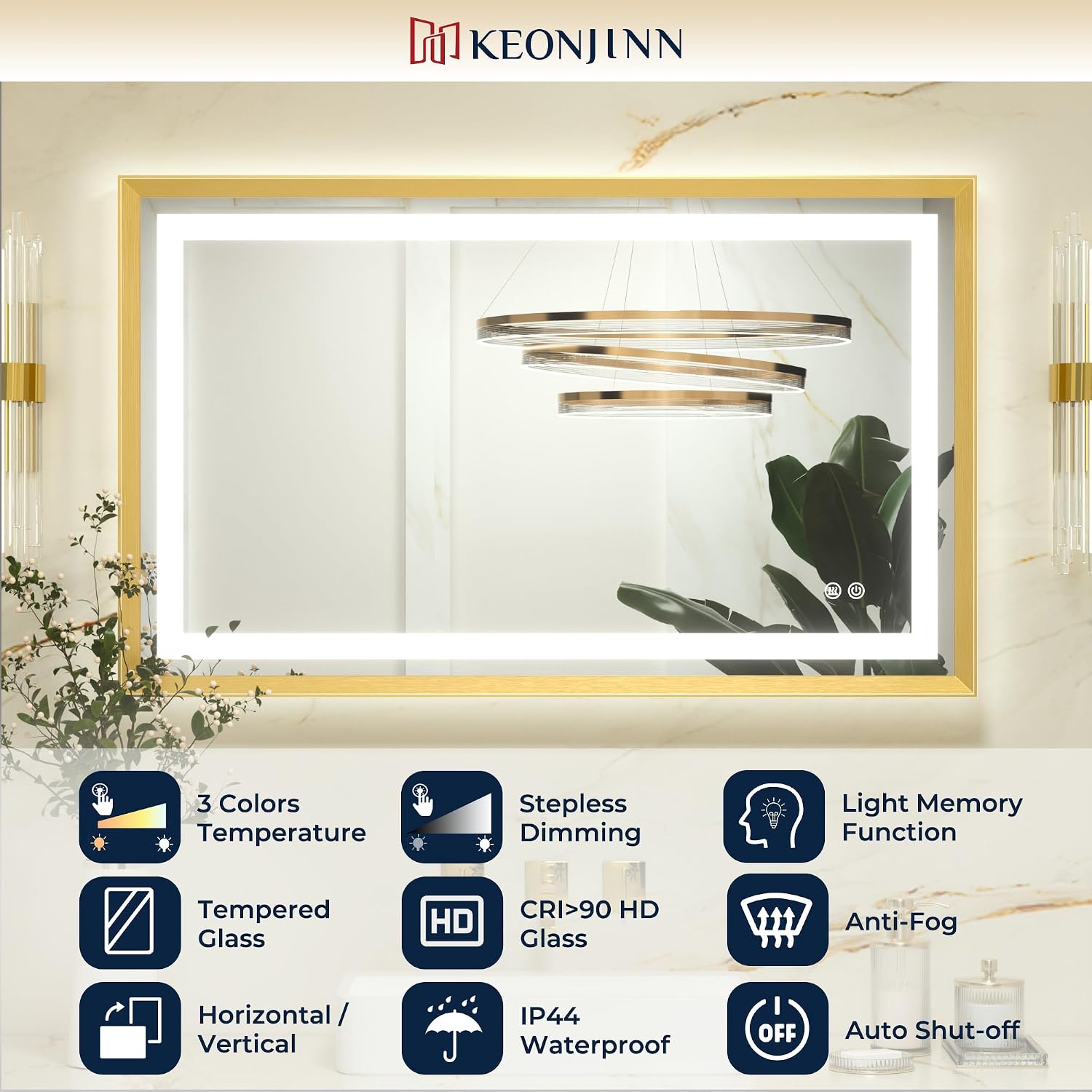 Detalle 2 de Keonjinn Badspiegel mit Beleuchtung, goldfarbener Metallrahmen, 50x70 cm – LED, beschlagfrei, Touch & 3 Lichtfarben
