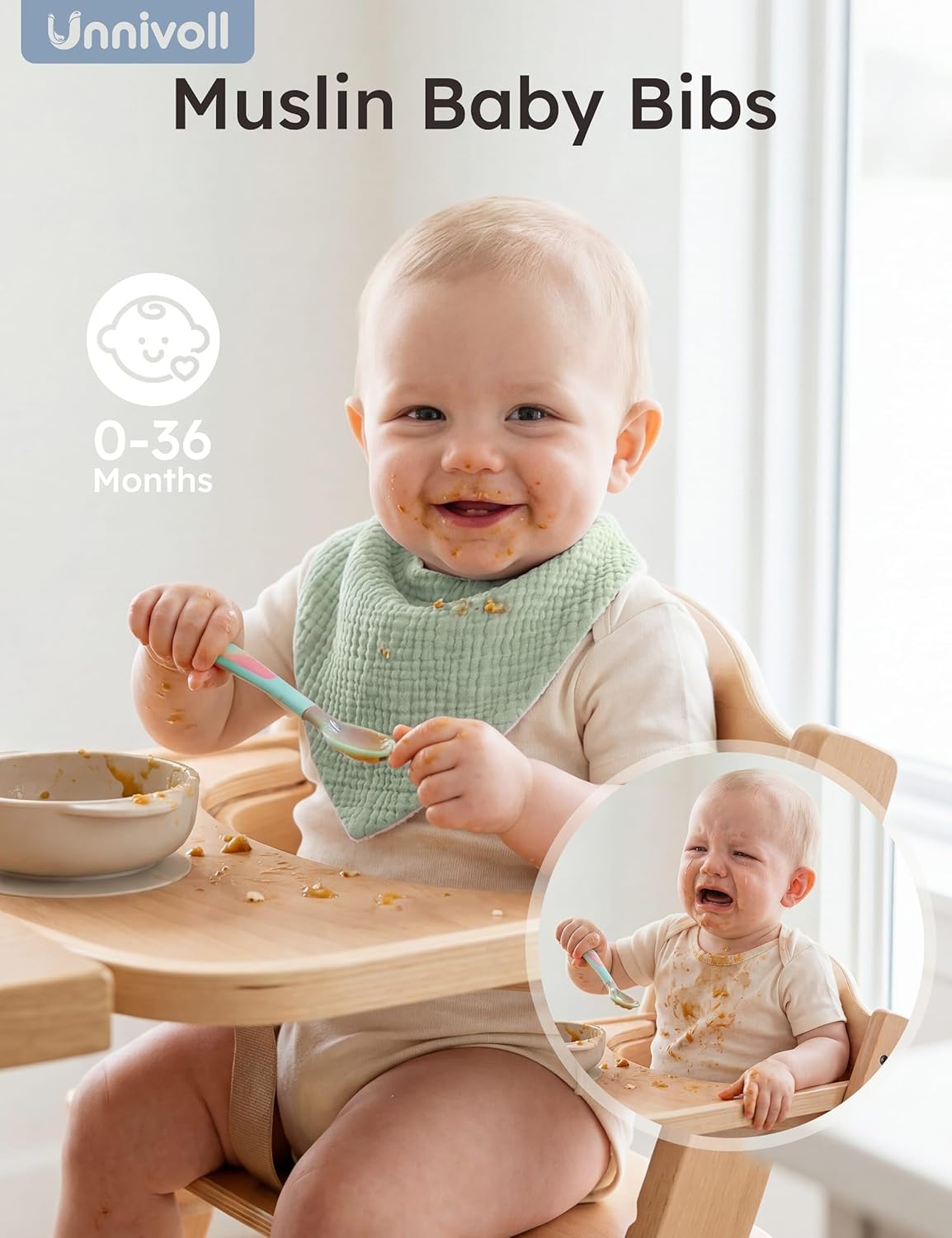 Thumbnail 1 de Unnivoll muslin baby bibs (100% cotton) bandana dribble bibs, 8-pack with adjustable snaps, 0–36 months