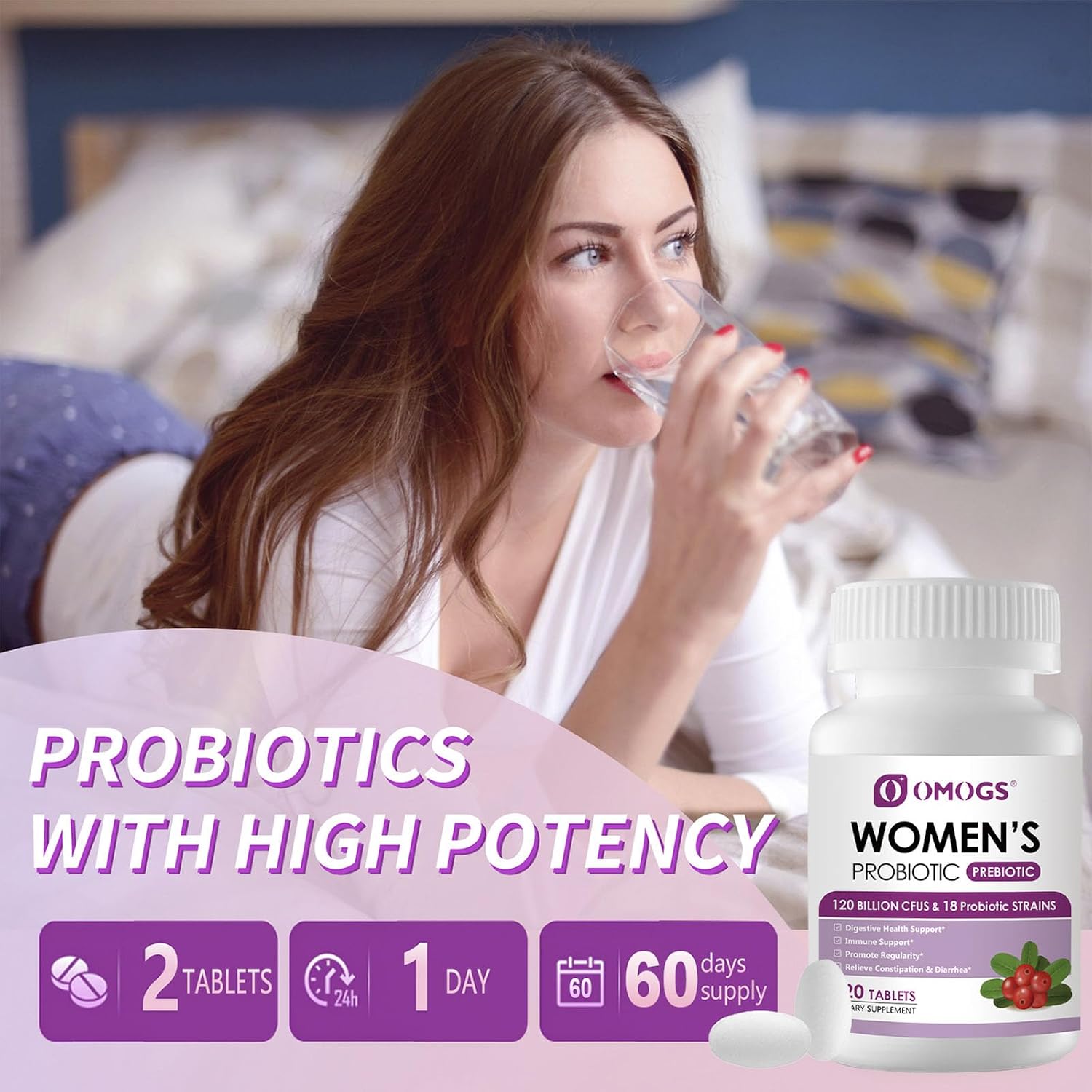Thumbnail 6 de OMOGS Women's Probiotic Tablets with Cranberry, Prebiotics, Vitamin C & 18 Strains