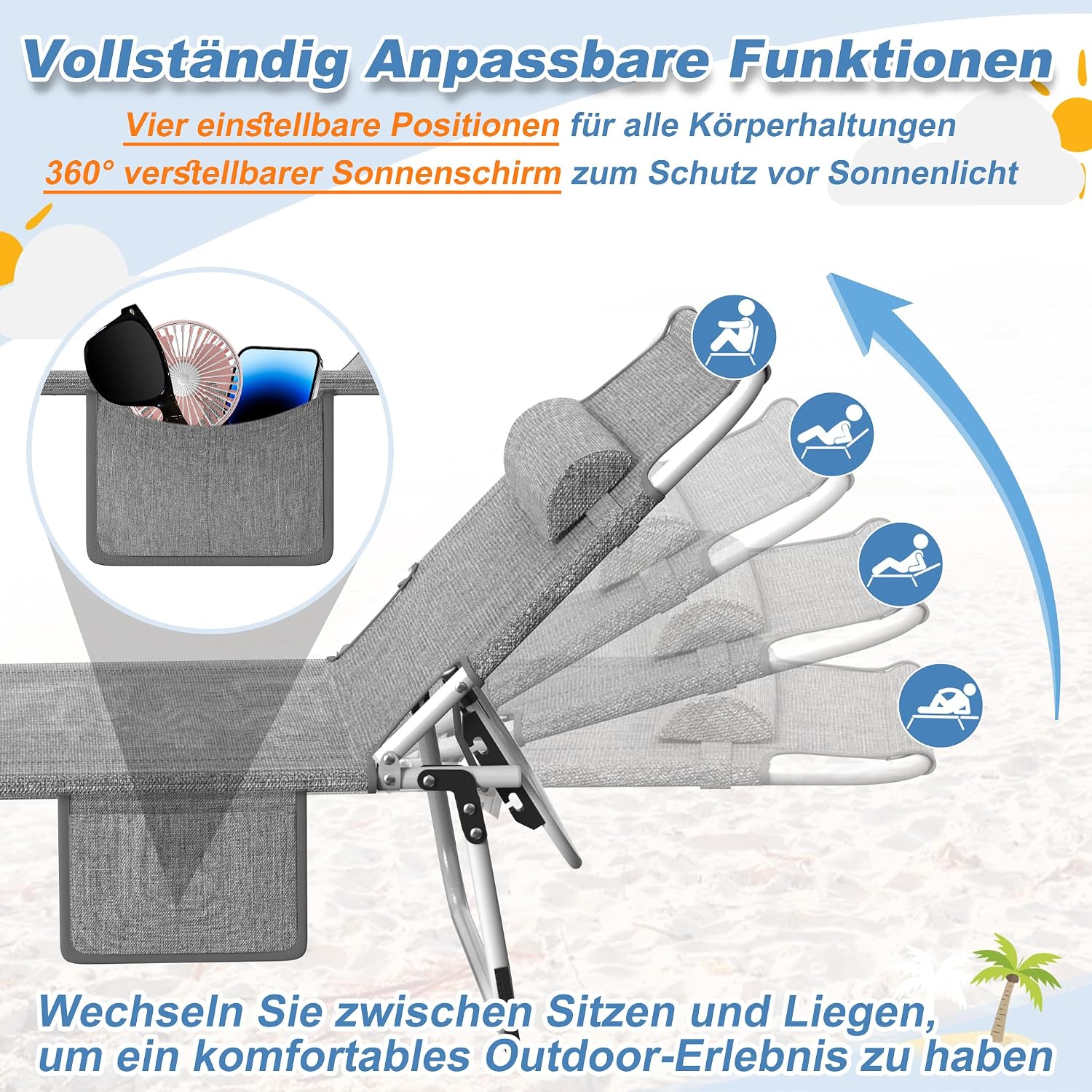 Detalle de AufuN Sonnenliege Klappbar mit Dach und Seitentasche – 195x68 cm, Grau