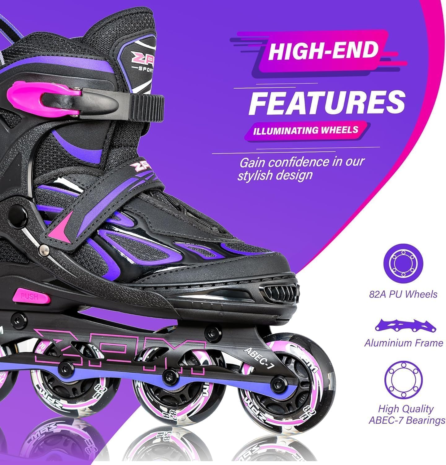 Detalle de 2PM SPORTS 2PM-6006 Adjustable Inline Skates, Light-Up Wheels and Aluminum Frame